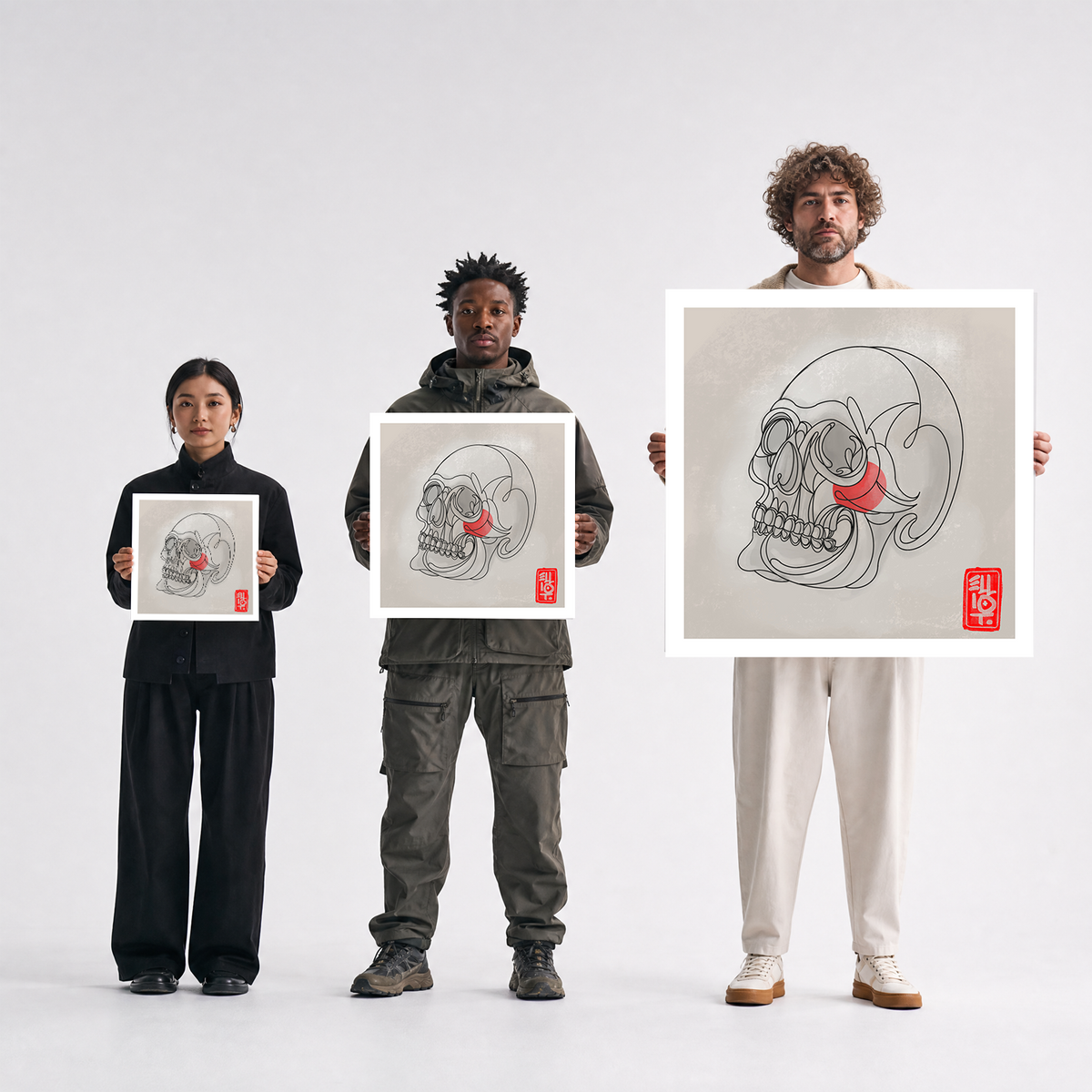 Scale comparison photo showing the 12x12, 20x20, and 40x40 print sizes of 'Calavera' by Sunday Morning, held by three models for size reference.