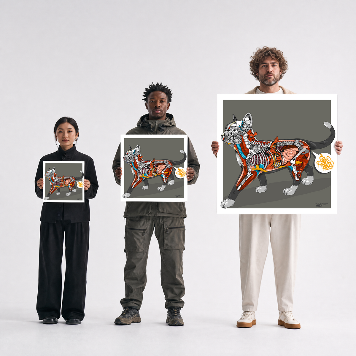 Scale comparison photo showing the 12x12, 20x20, and 40x40 print sizes of 'Cat Piss' by Sunday Morning, held by three models for size reference.
