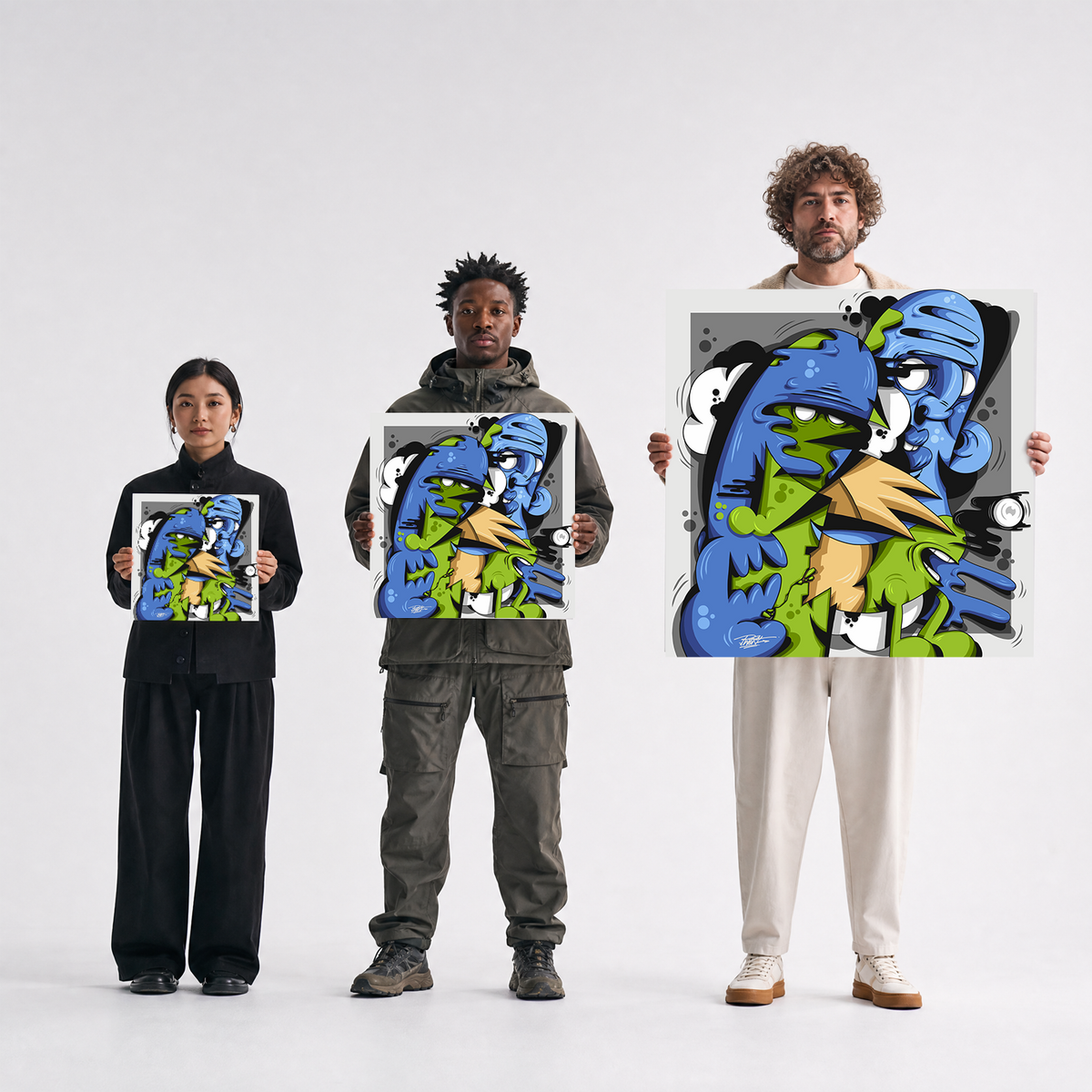 Scale comparison photo showing the 12x12, 20x20, and 40x40 print sizes of 'Ces' by Sunday Morning, held by three models for size reference.