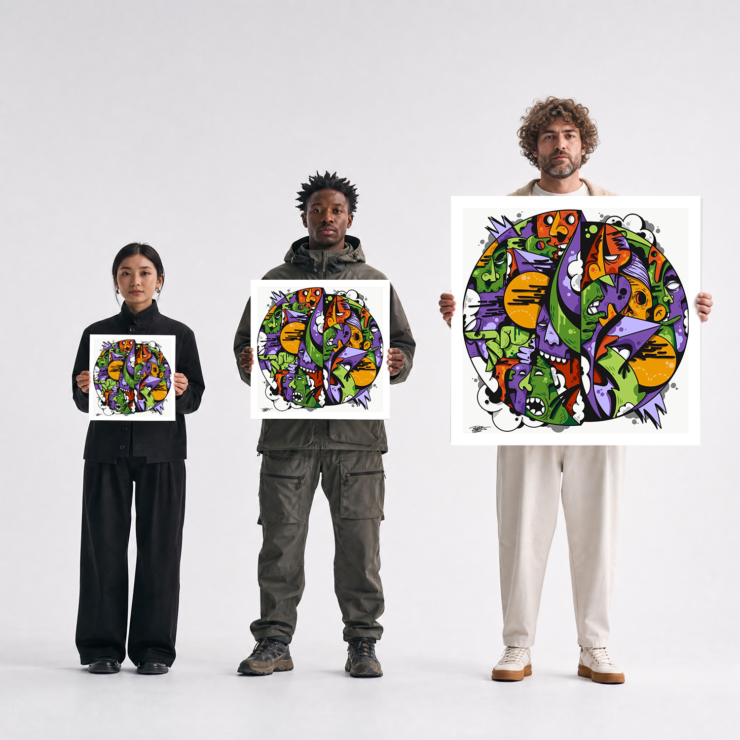 Scale comparison photo showing the 12x12, 20x20, and 40x40 print sizes of 'Circle Logic' by Sunday Morning, held by three models for size reference.