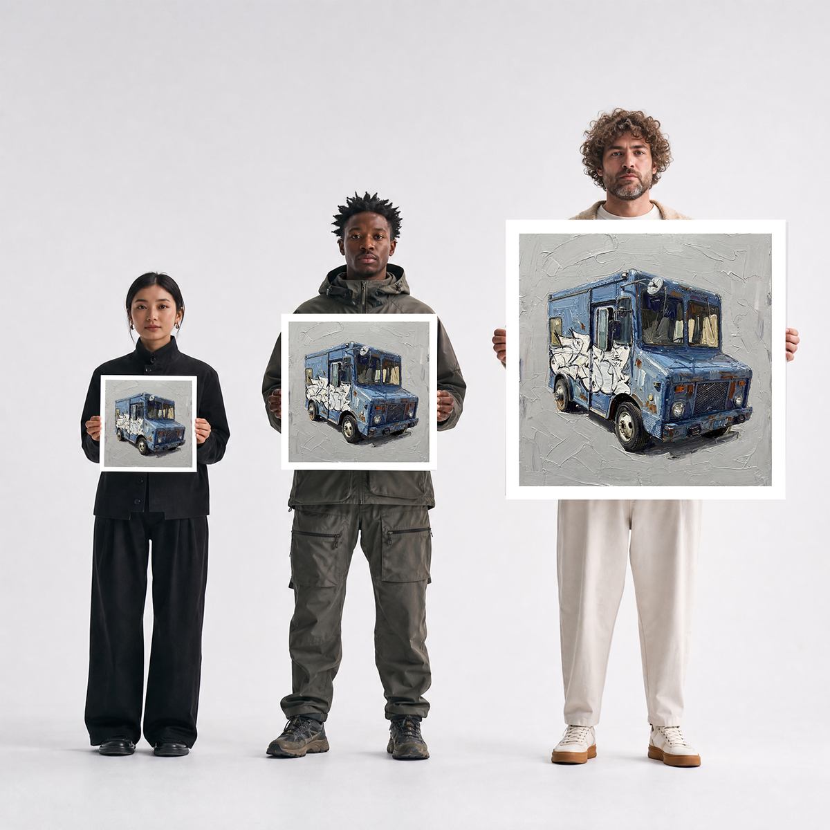 Scale comparison photo showing the 12x12, 20x20, and 40x40 print sizes of 'Clambo' by Sunday Morning, held by three models for size reference.