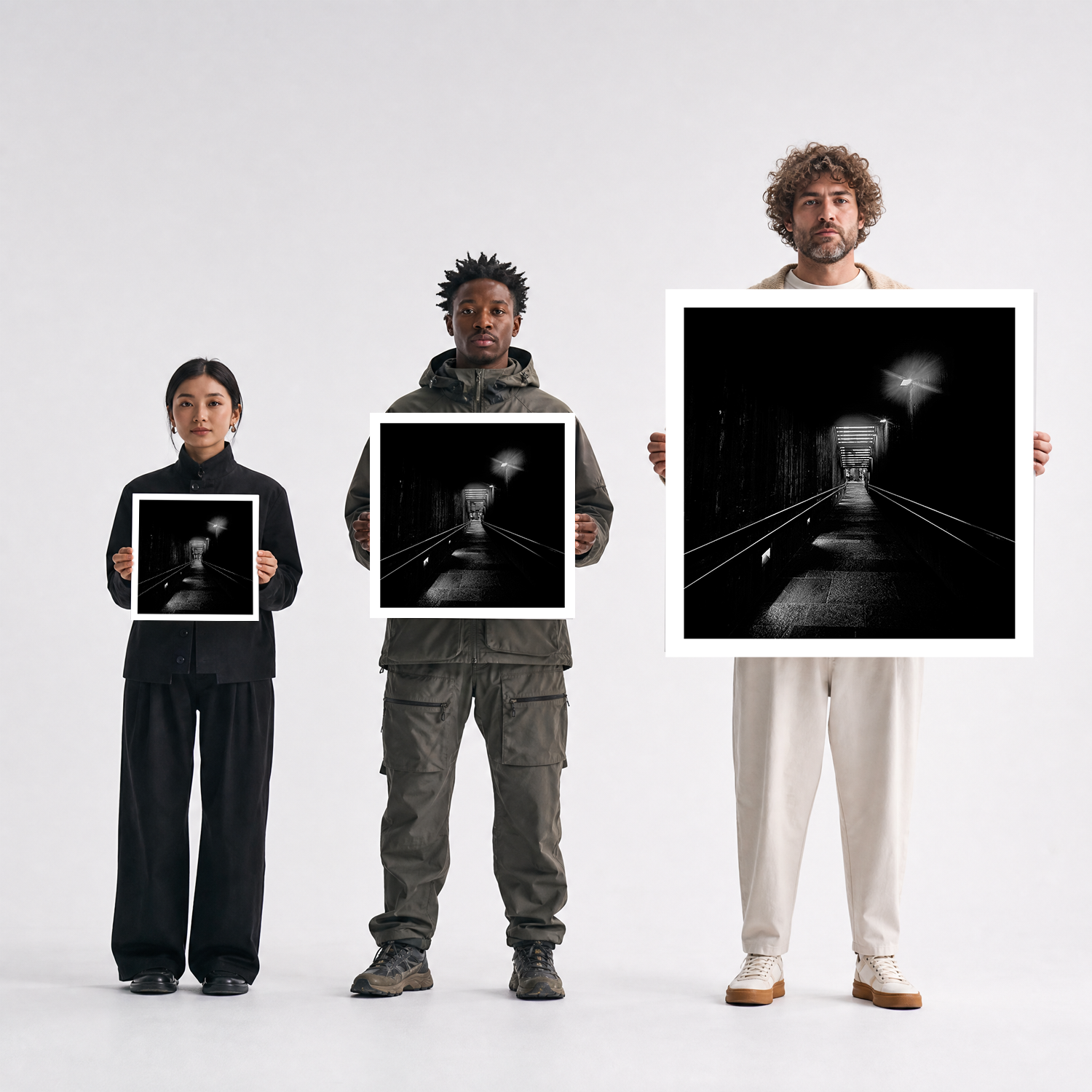 Scale comparison photo showing the 12x12, 20x20, and 40x40 print sizes of 'Climb' by Sunday Morning, held by three models for size reference.