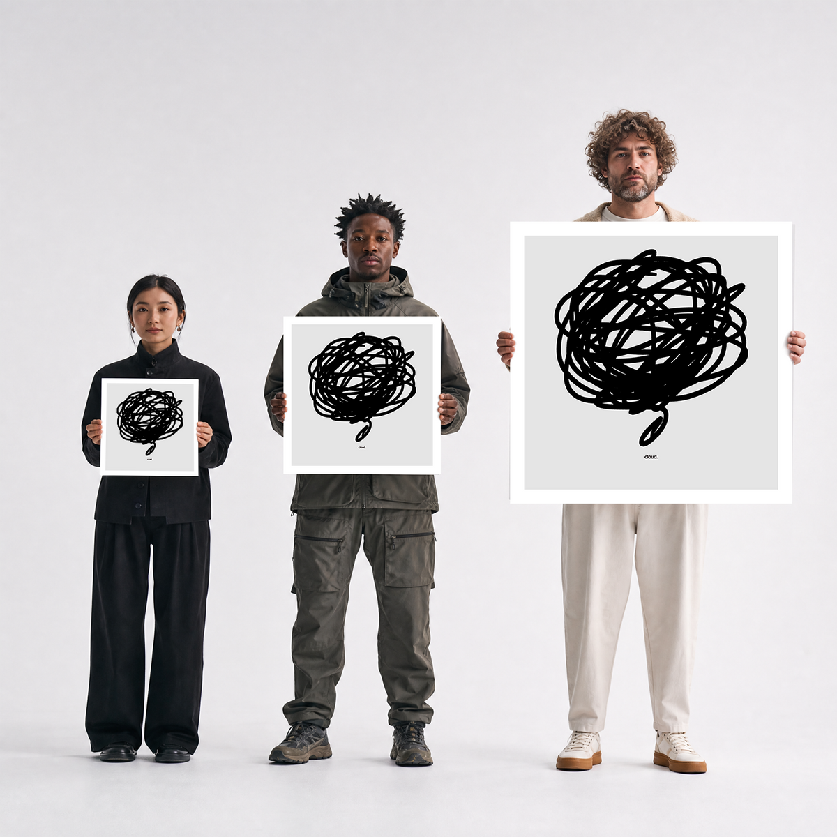 Scale comparison photo showing the 12x12, 20x20, and 40x40 print sizes of 'Cloud' by Sunday Morning, held by three models for size reference.