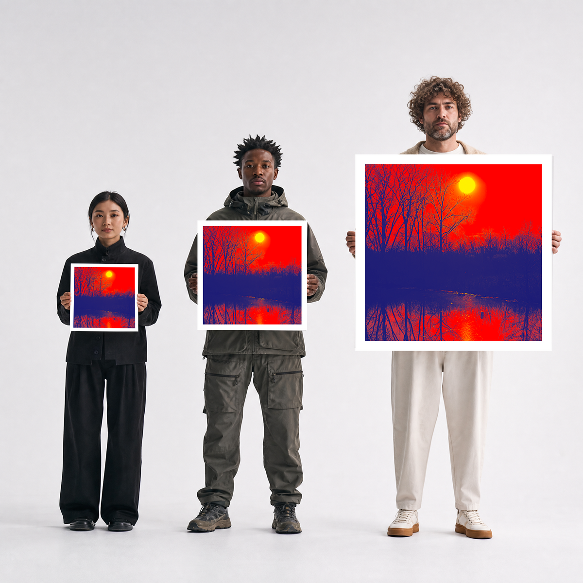 Scale comparison photo showing the 12x12, 20x20, and 40x40 print sizes of 'Color Q' by Sunday Morning, held by three models for size reference.