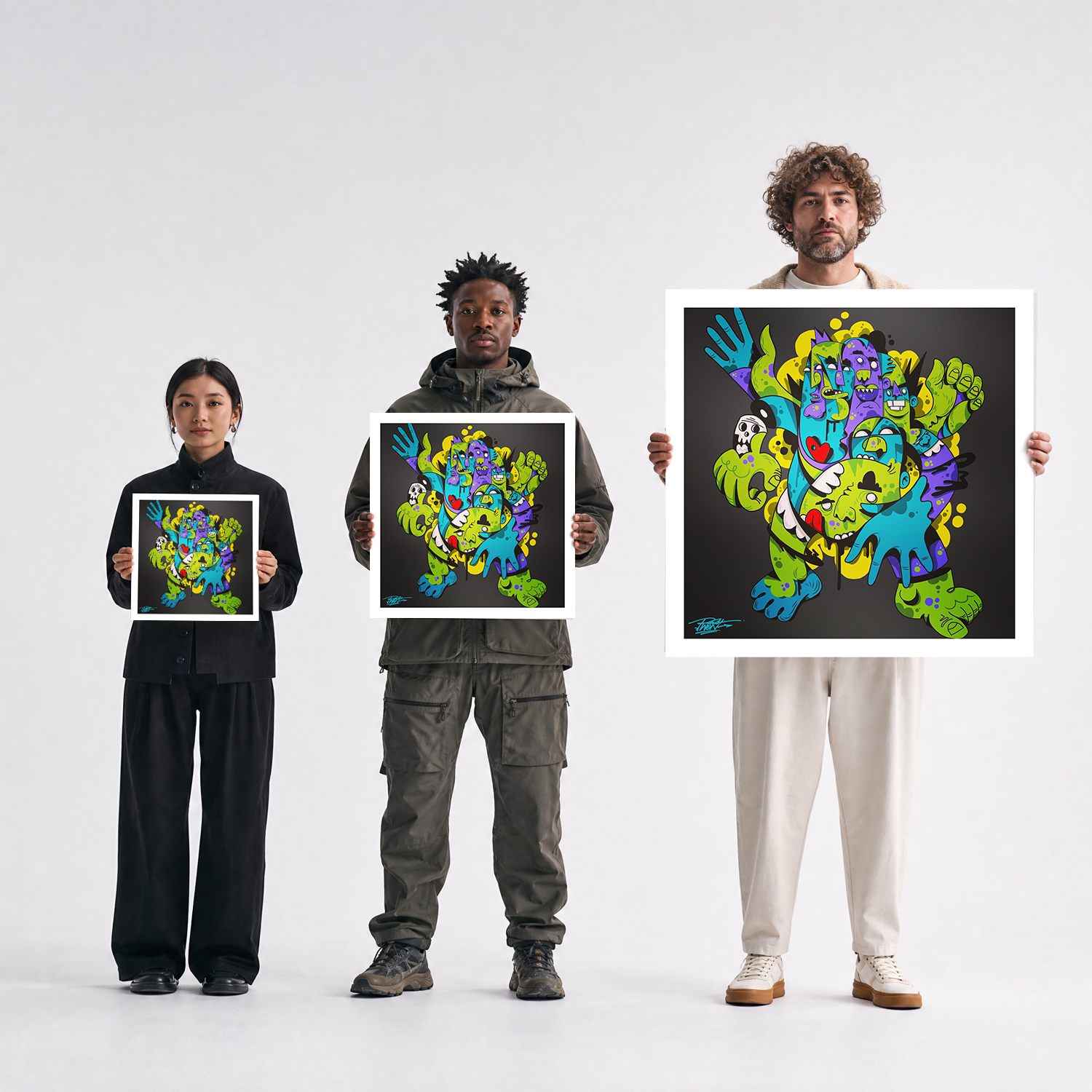 Scale comparison photo showing the 12x12, 20x20, and 40x40 print sizes of 'Contagion' by Sunday Morning, held by three models for size reference.