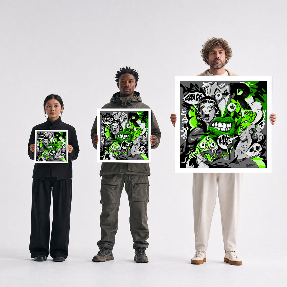 Scale comparison photo showing the 12x12, 20x20, and 40x40 print sizes of 'Crack Kills' by Sunday Morning, held by three models for size reference.