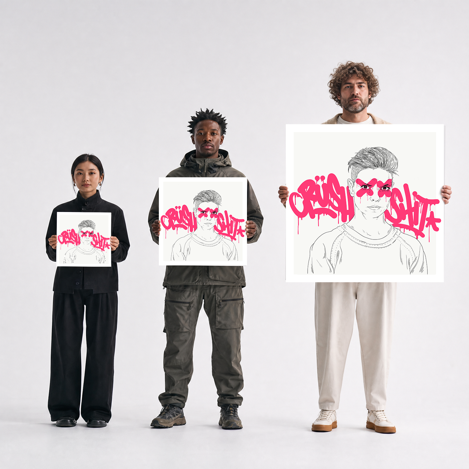 Three people standing against a light gray studio background, each holding a white art print featuring a black line drawing of a person with bright pink graffiti-style text reading 'CRASH CULT'.