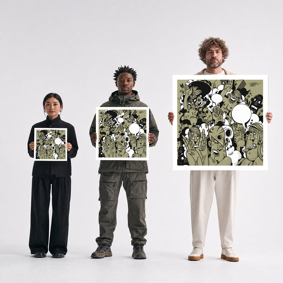Scale comparison photo showing the 12x12, 20x20, and 40x40 print sizes of 'Dance Party' by Sunday Morning, held by three models for size reference.