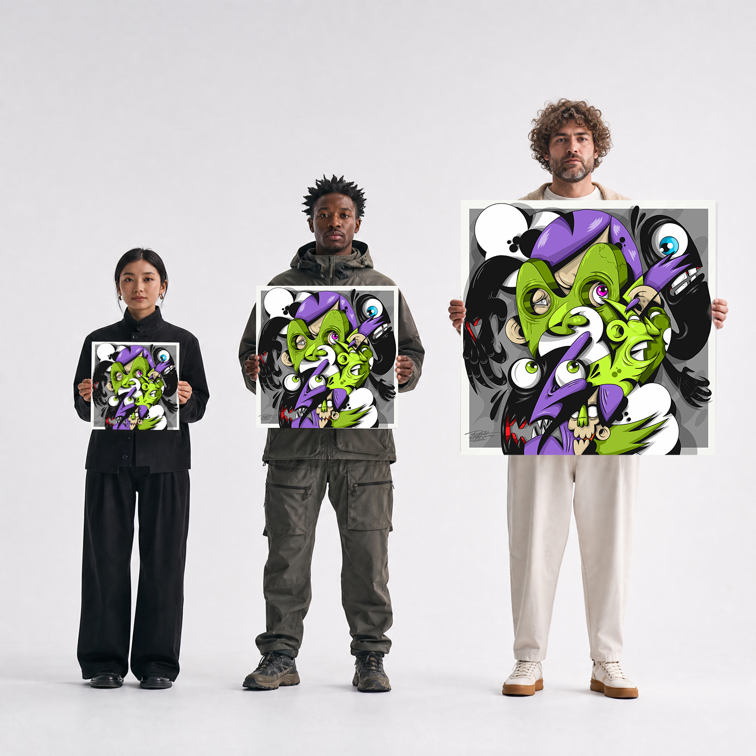 Scale comparison photo showing the 12x12, 20x20, and 40x40 print sizes of 'Deadeye' by Sunday Morning, held by three models for size reference.