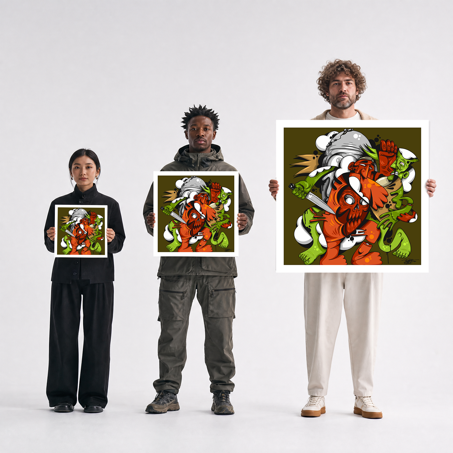 Scale comparison photo showing the 12x12, 20x20, and 40x40 print sizes of 'Death At Ones Elbow' by Sunday Morning, held by three models for size reference.