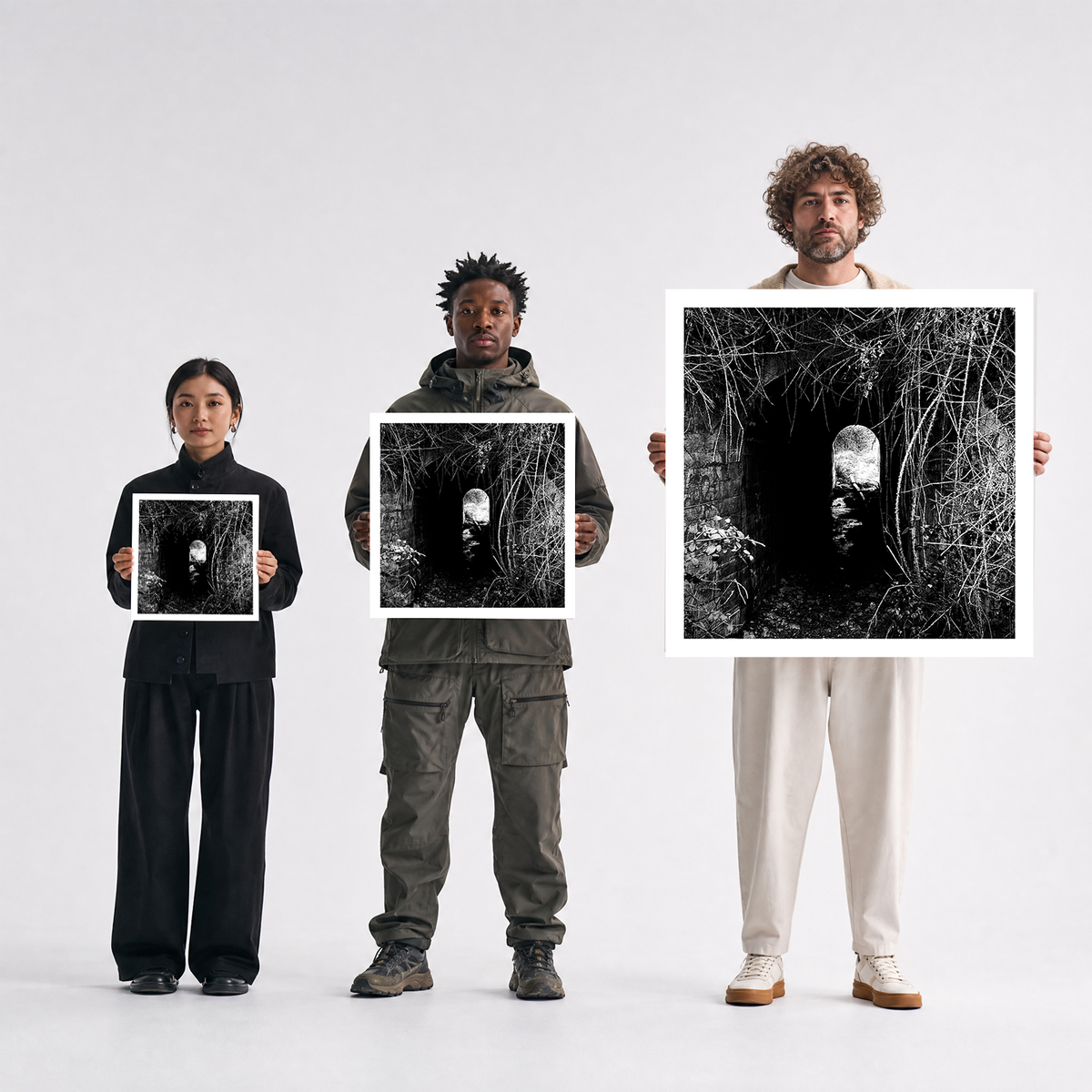 Scale comparison photo showing the 12x12, 20x20, and 40x40 print sizes of 'Dont' by Sunday Morning, held by three models for size reference.