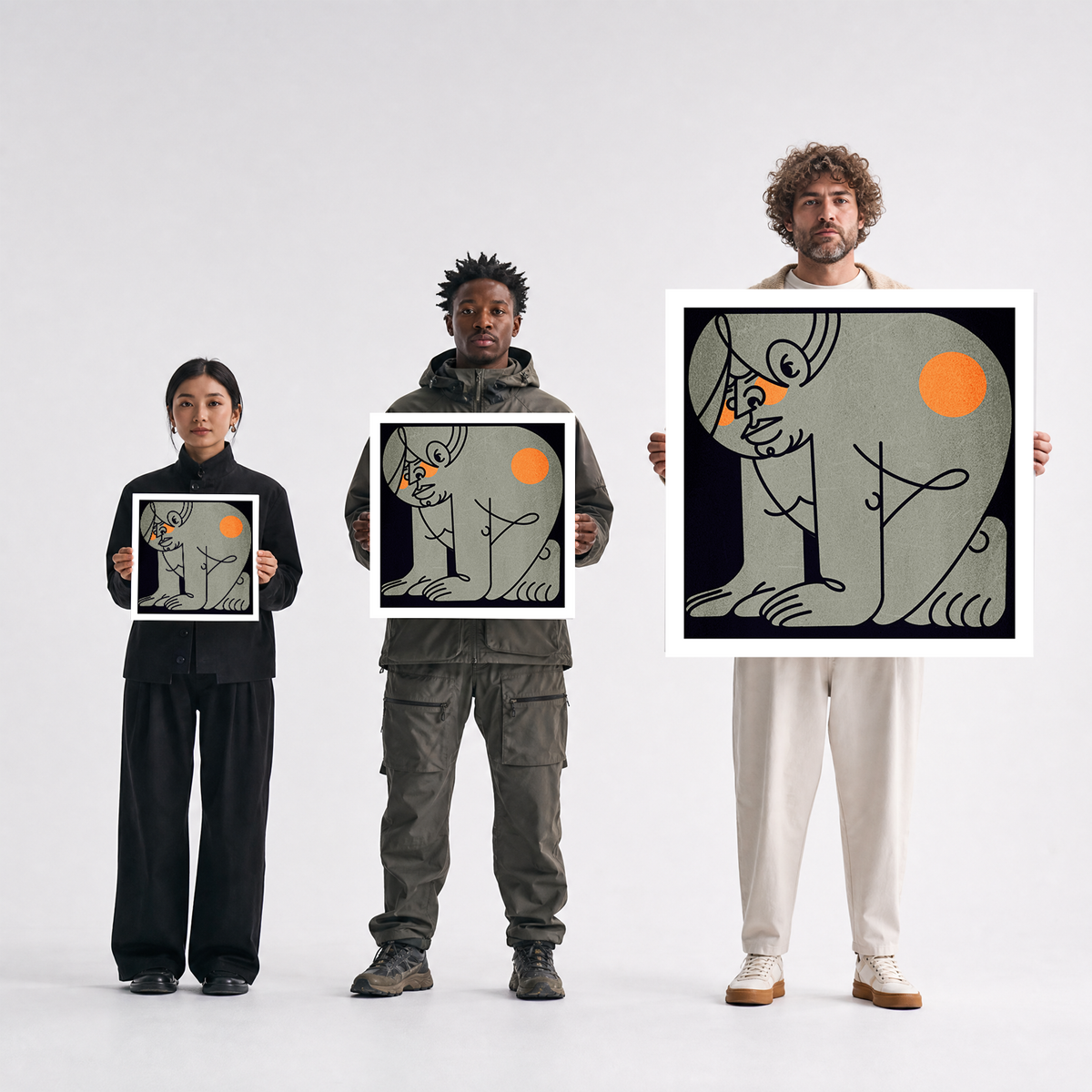 Scale comparison photo showing the 12x12, 20x20, and 40x40 print sizes of 'Down Boy' by Sunday Morning, held by three models for size reference.