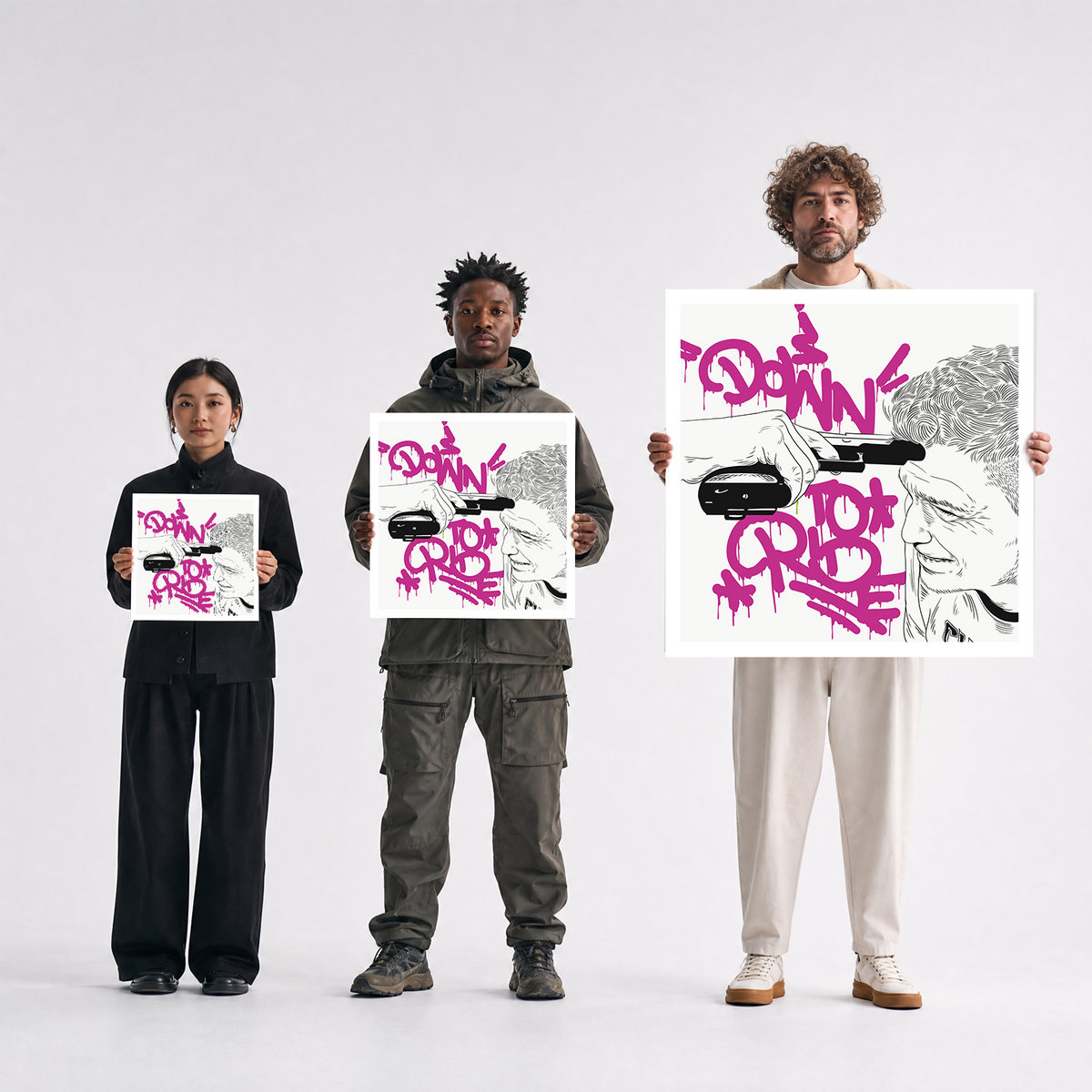 Scale comparison photo showing the 12x12, 20x20, and 40x40 print sizes of 'Down To Ride' by Sunday Morning, held by three models for size reference.