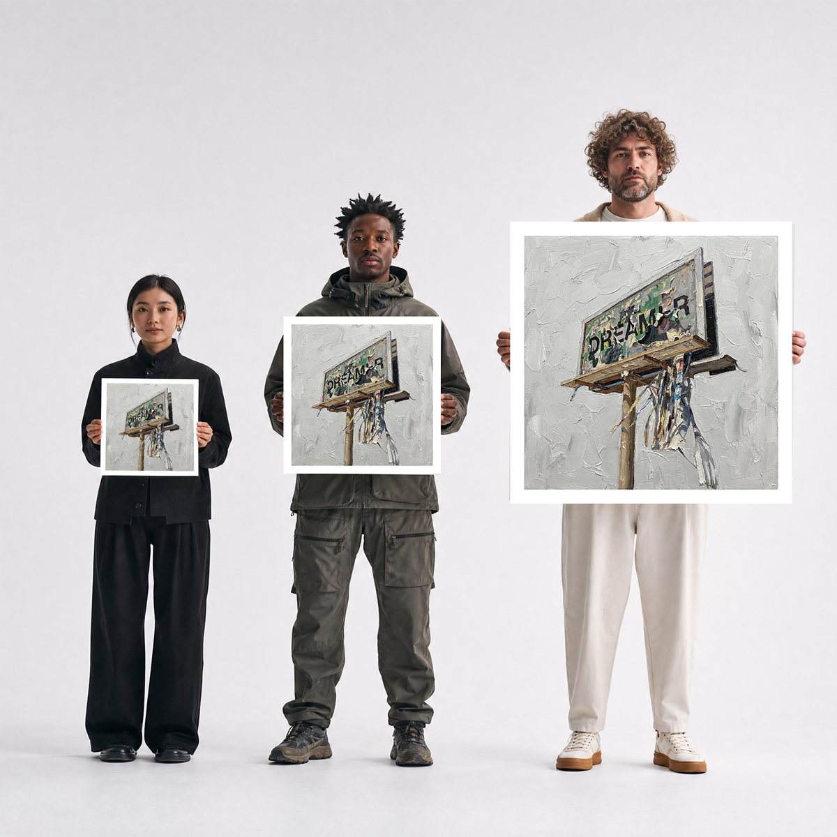 Scale comparison photo showing the 12x12, 20x20, and 40x40 print sizes of 'Dreamer' by Sunday Morning, held by three models for size reference.