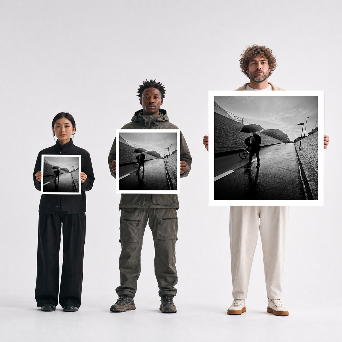 Scale comparison photo showing the 12x12, 20x20, and 40x40 print sizes of 'East' by Sunday Morning, held by three models for size reference.