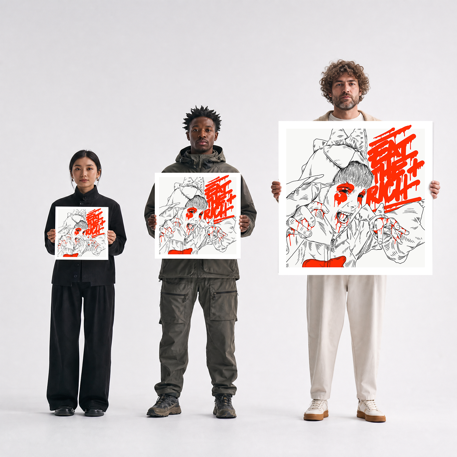 Scale comparison photo showing the 12x12, 20x20, and 40x40 print sizes of 'Eat The Rich' by Sunday Morning, held by three models for size reference.
