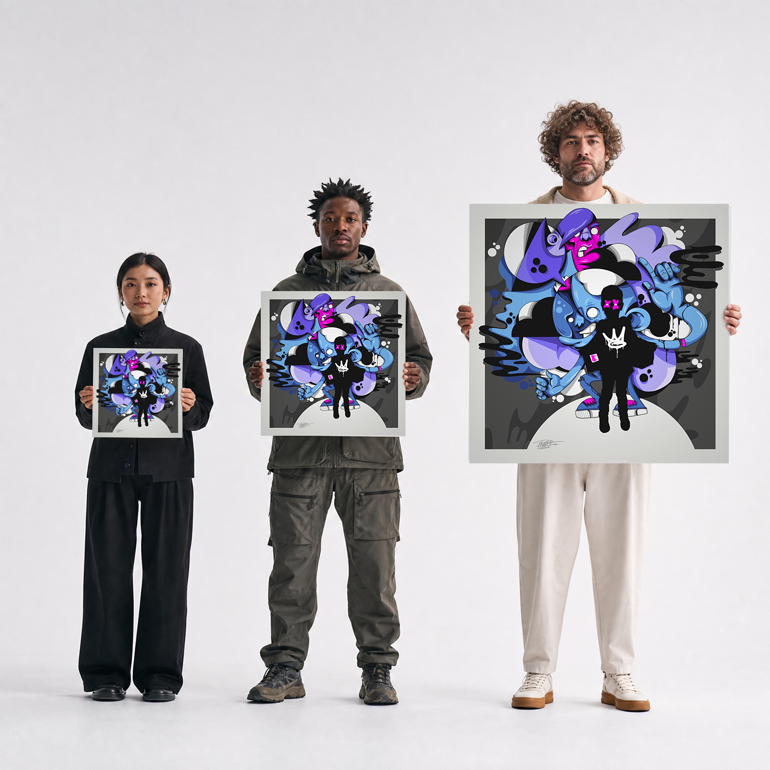 Scale comparison photo showing the 12x12, 20x20, and 40x40 print sizes of 'Elliots Dream' by Sunday Morning, held by three models for size reference.