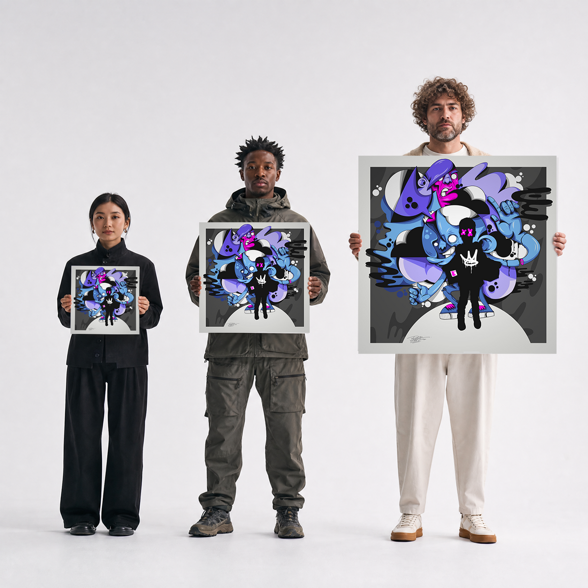 Scale comparison photo showing the 12x12, 20x20, and 40x40 print sizes of 'Elliots Dream' by Sunday Morning, held by three models for size reference.