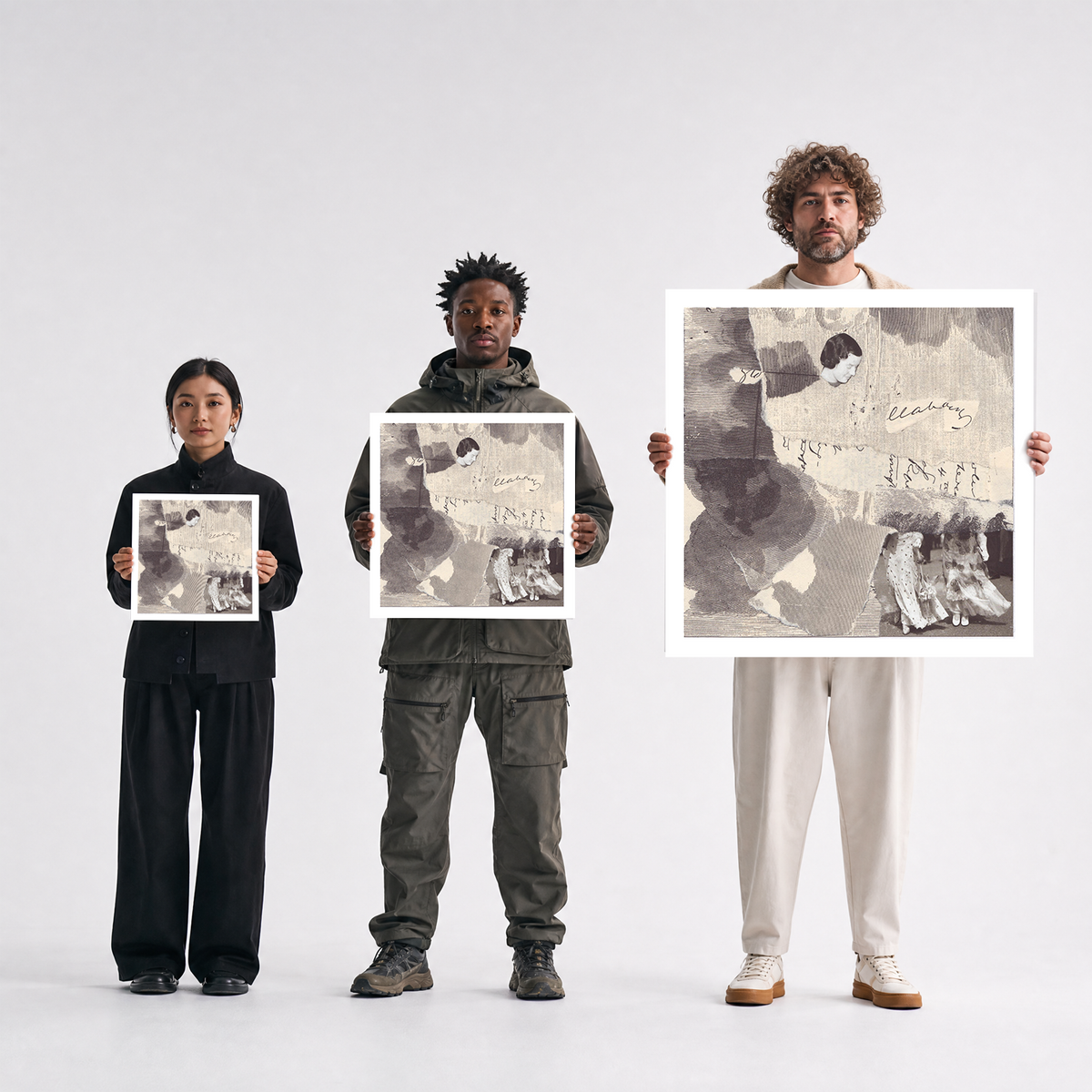 Scale comparison photo showing the 12x12, 20x20, and 40x40 print sizes of 'Etch' by Sunday Morning, held by three models for size reference.