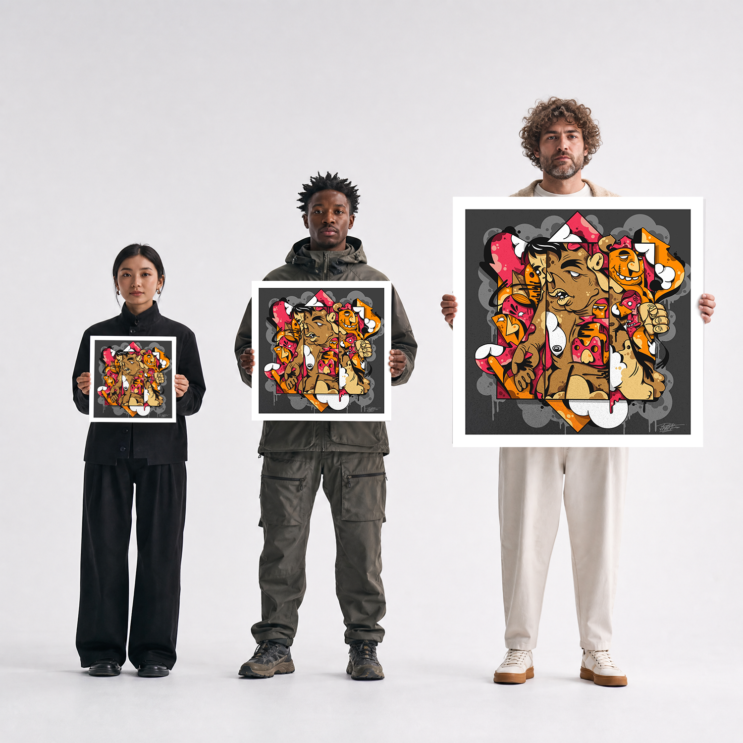 Scale comparison photo showing the 12x12, 20x20, and 40x40 print sizes of 'Flat Cube' by Sunday Morning, held by three models for size reference.