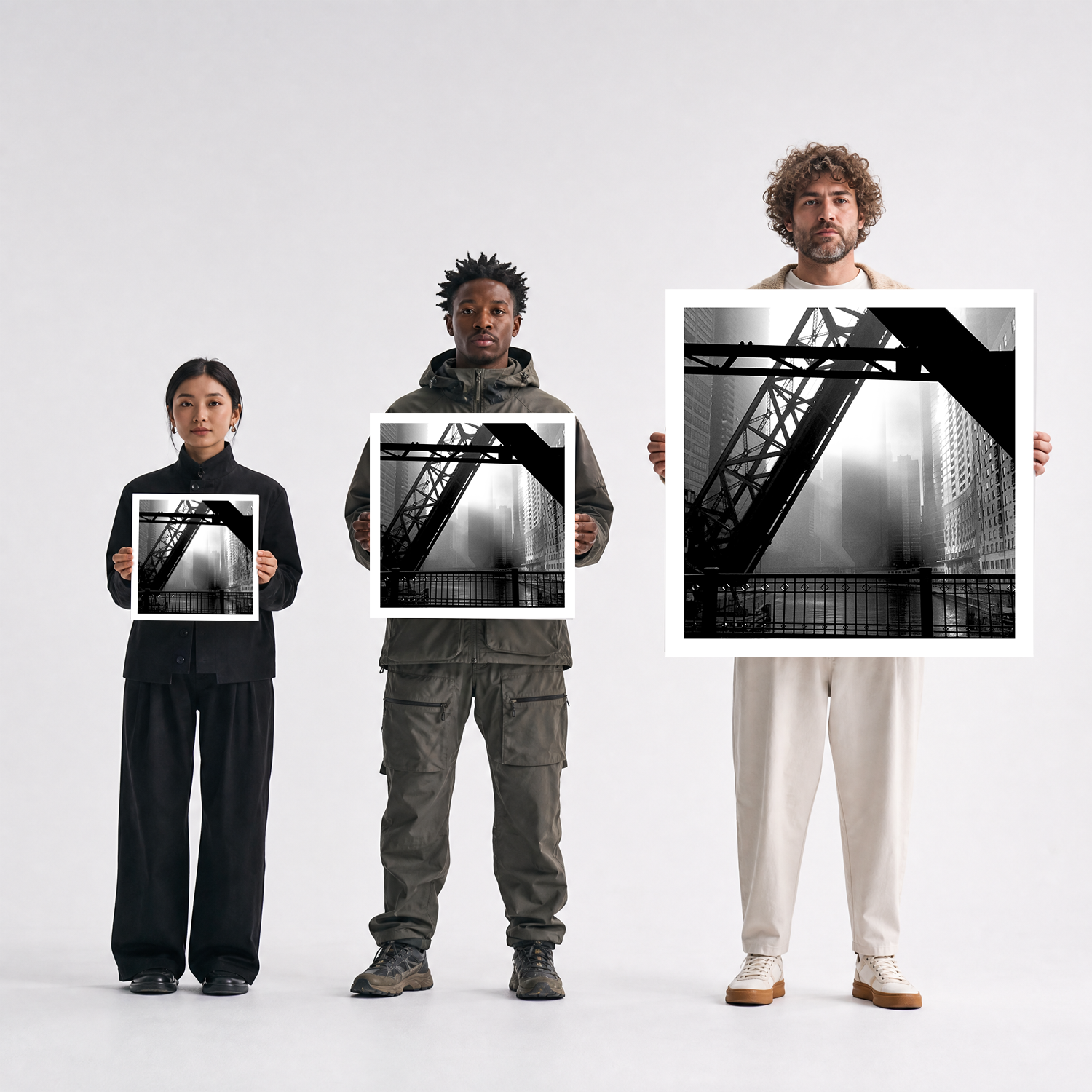 Scale comparison photo showing the 12x12, 20x20, and 40x40 print sizes of 'Foggy Drizzle' by Sunday Morning, held by three models for size reference.