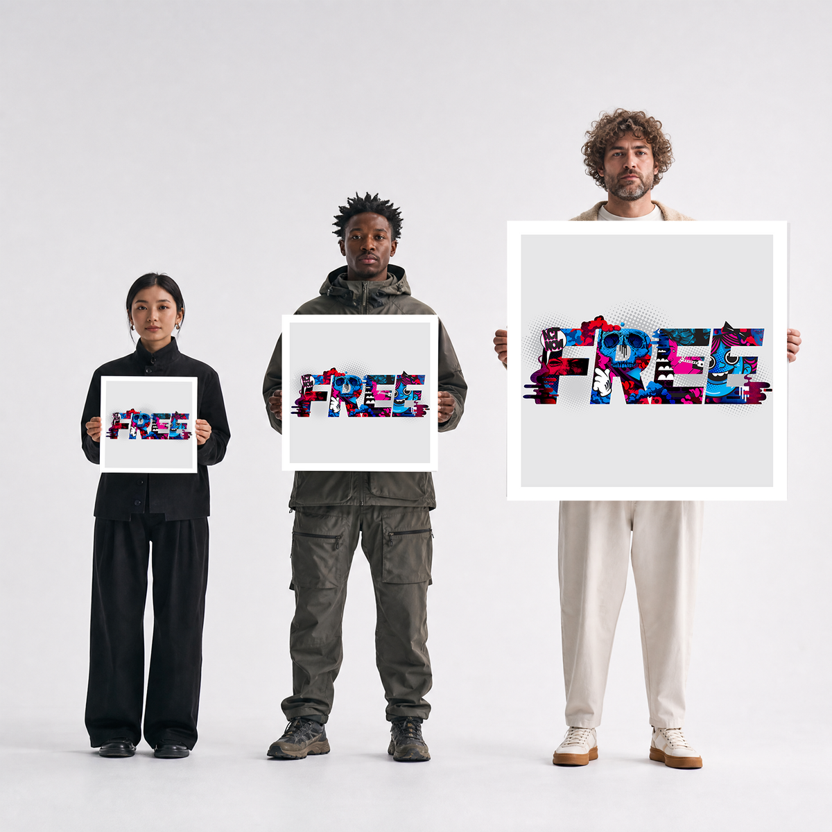Scale comparison photo showing the 12x12, 20x20, and 40x40 print sizes of 'Free' by Sunday Morning, held by three models for size reference.