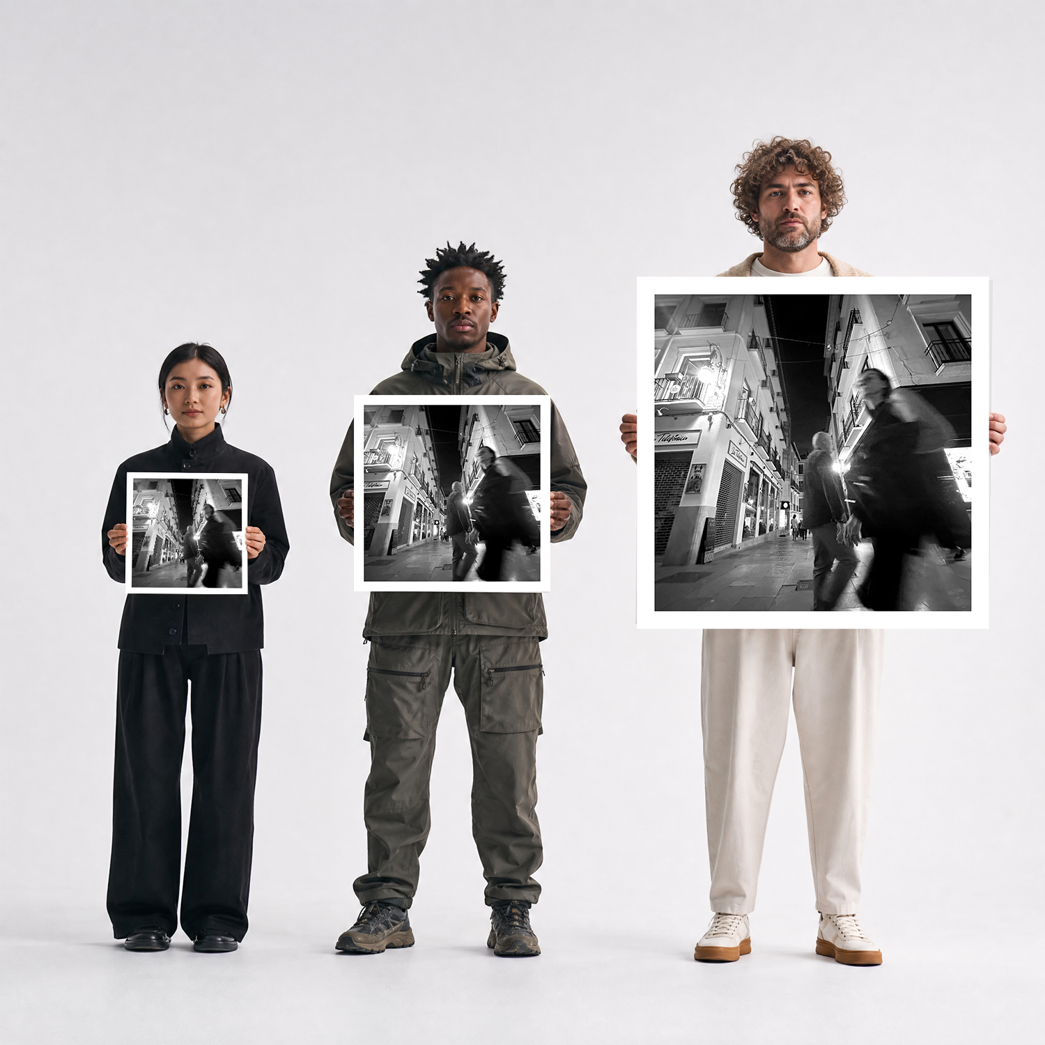 Scale comparison photo showing the 12x12, 20x20, and 40x40 print sizes of 'Ghosts' by Sunday Morning, held by three models for size reference.