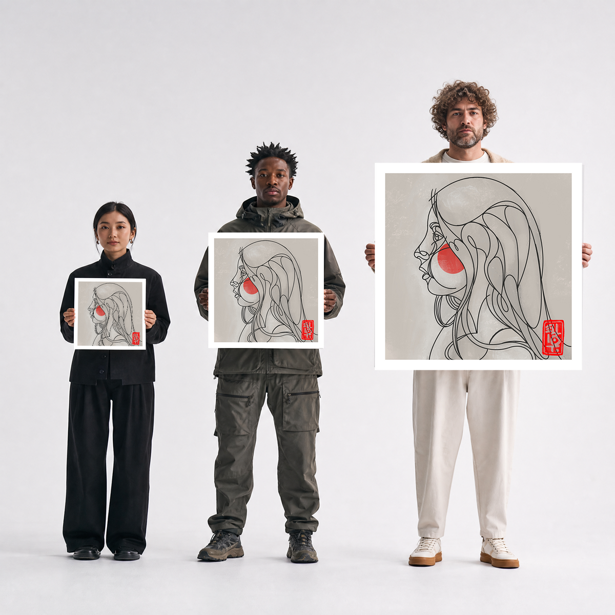 Scale comparison photo showing the 12x12, 20x20, and 40x40 print sizes of 'Girl' by Sunday Morning, held by three models for size reference.