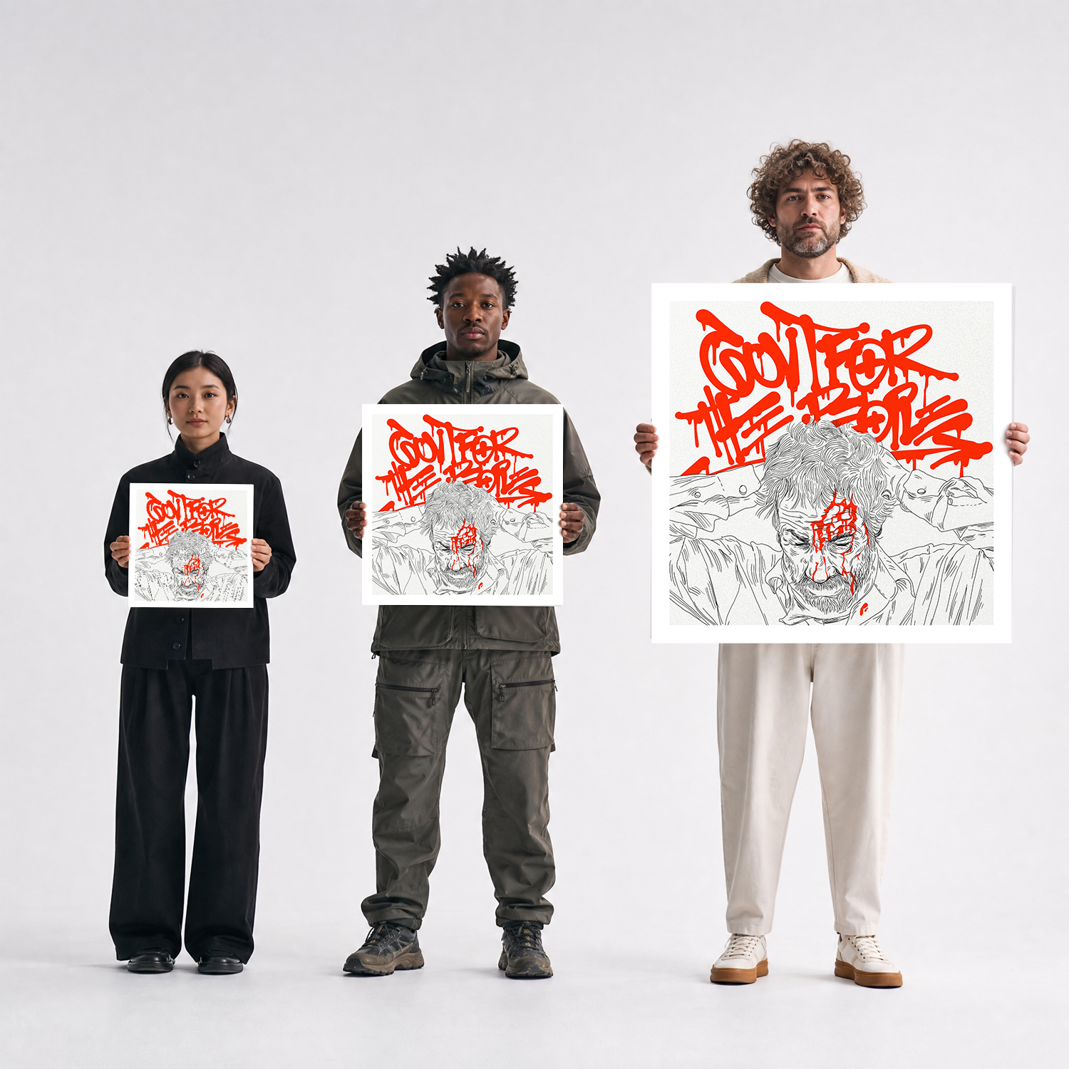 Scale comparison photo showing the 12x12, 20x20, and 40x40 print sizes of 'Government For The People' by Sunday Morning, held by three models for size reference.