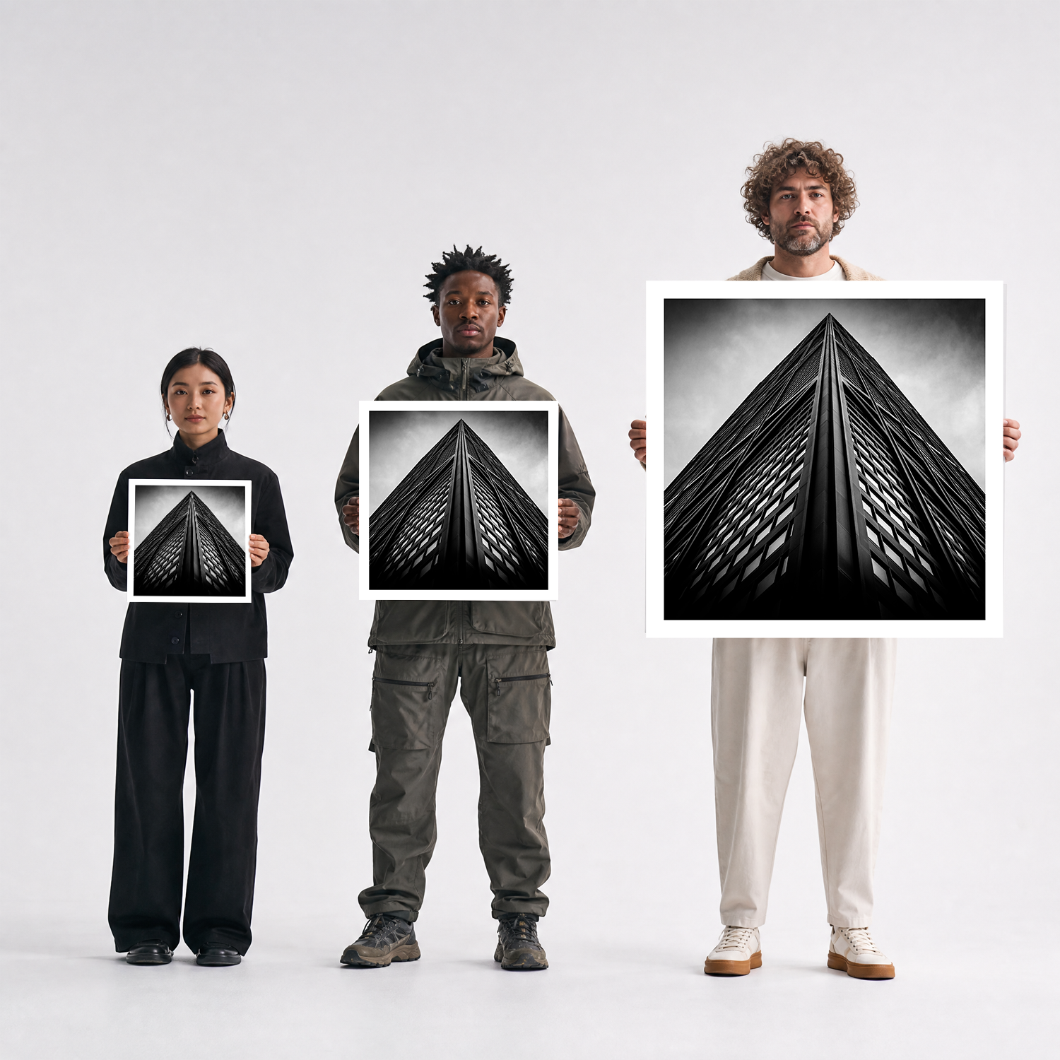 Scale comparison photo showing the 12x12, 20x20, and 40x40 print sizes of 'Hank Is Angry' by Sunday Morning, held by three models for size reference.