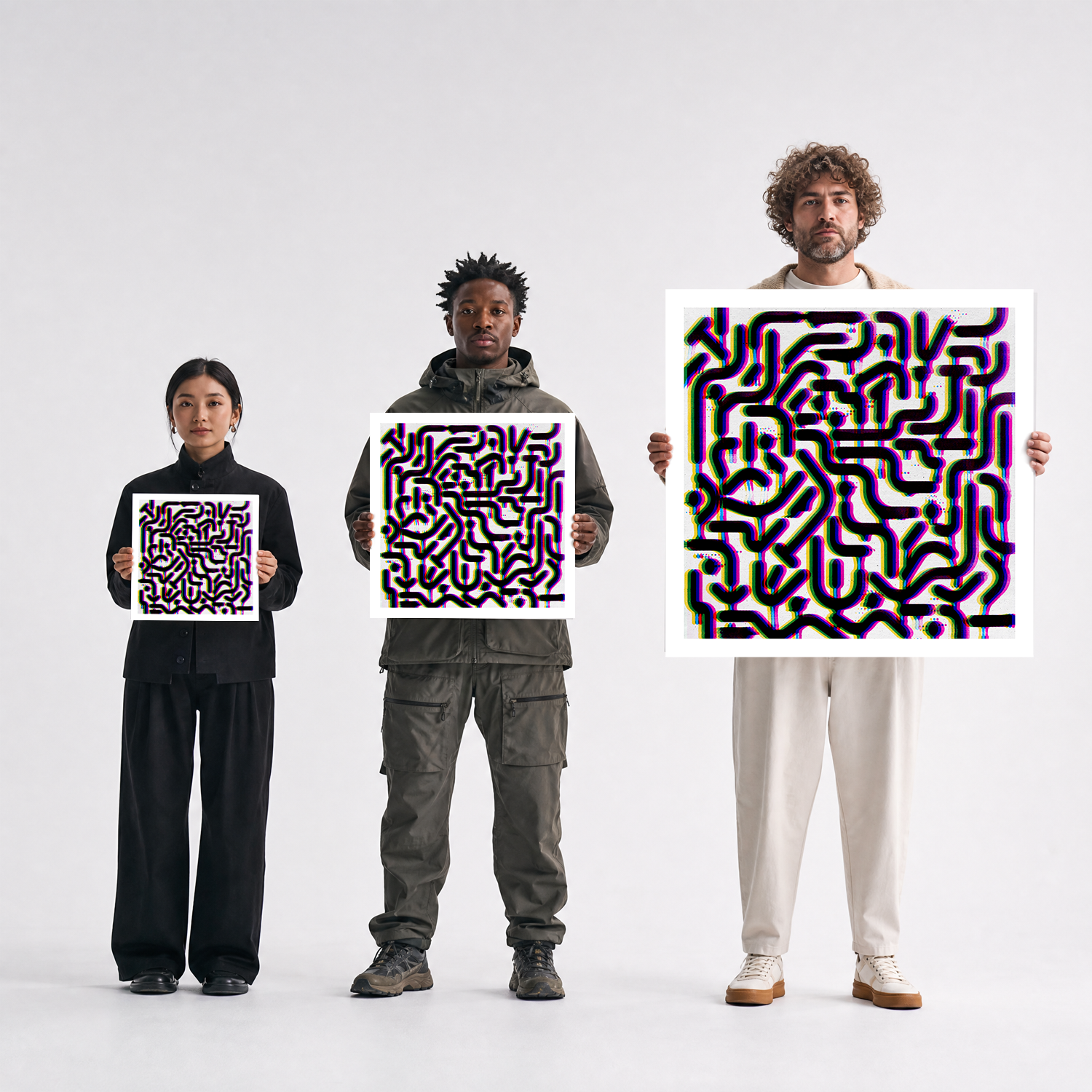 Scale comparison photo showing the 12x12, 20x20, and 40x40 print sizes of 'Headache' by Sunday Morning, held by three models for size reference.