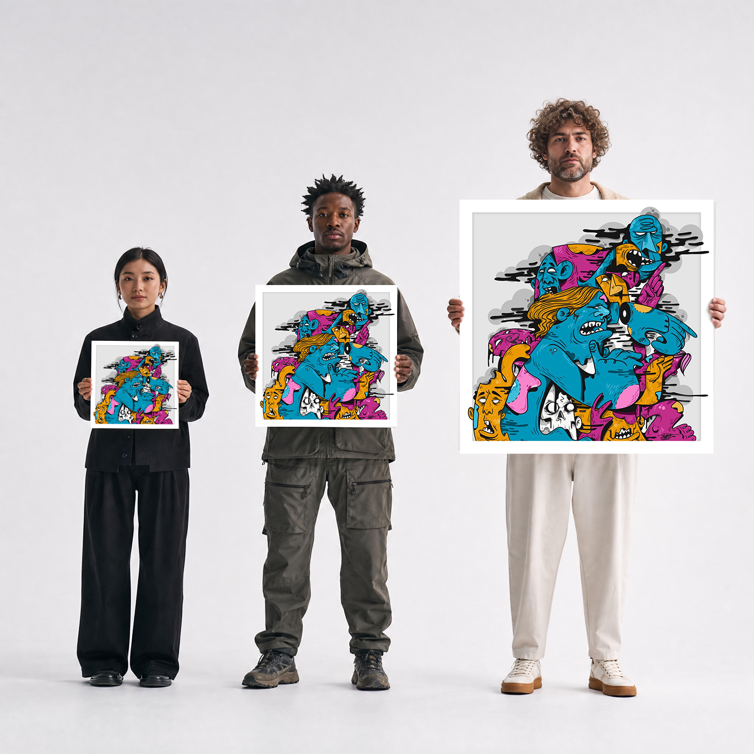 Scale comparison photo showing the 12x12, 20x20, and 40x40 print sizes of 'Head First' by Sunday Morning, held by three models for size reference.