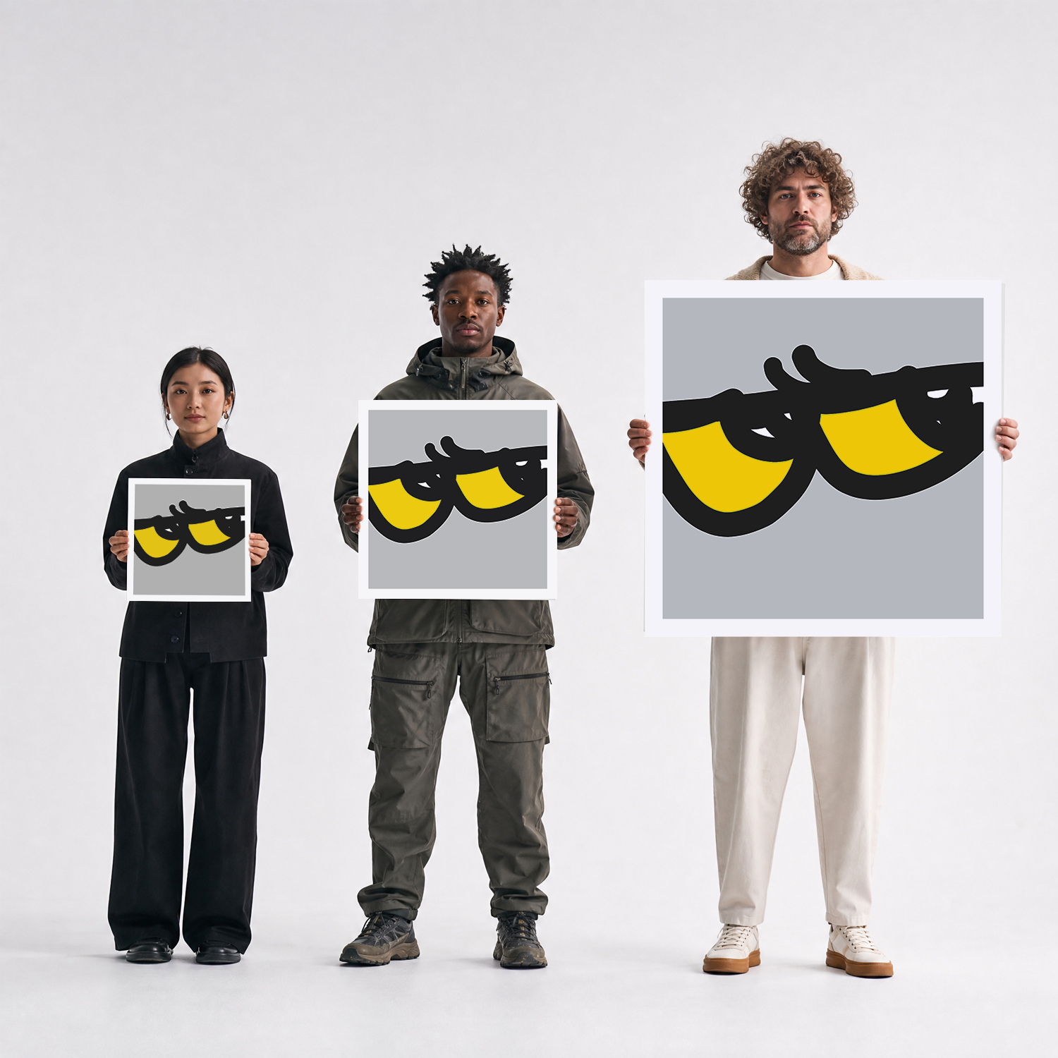 Three people standing against a light gray studio background, each holding a square print featuring a stylized cartoon eye graphic in yellow, black, and gray.