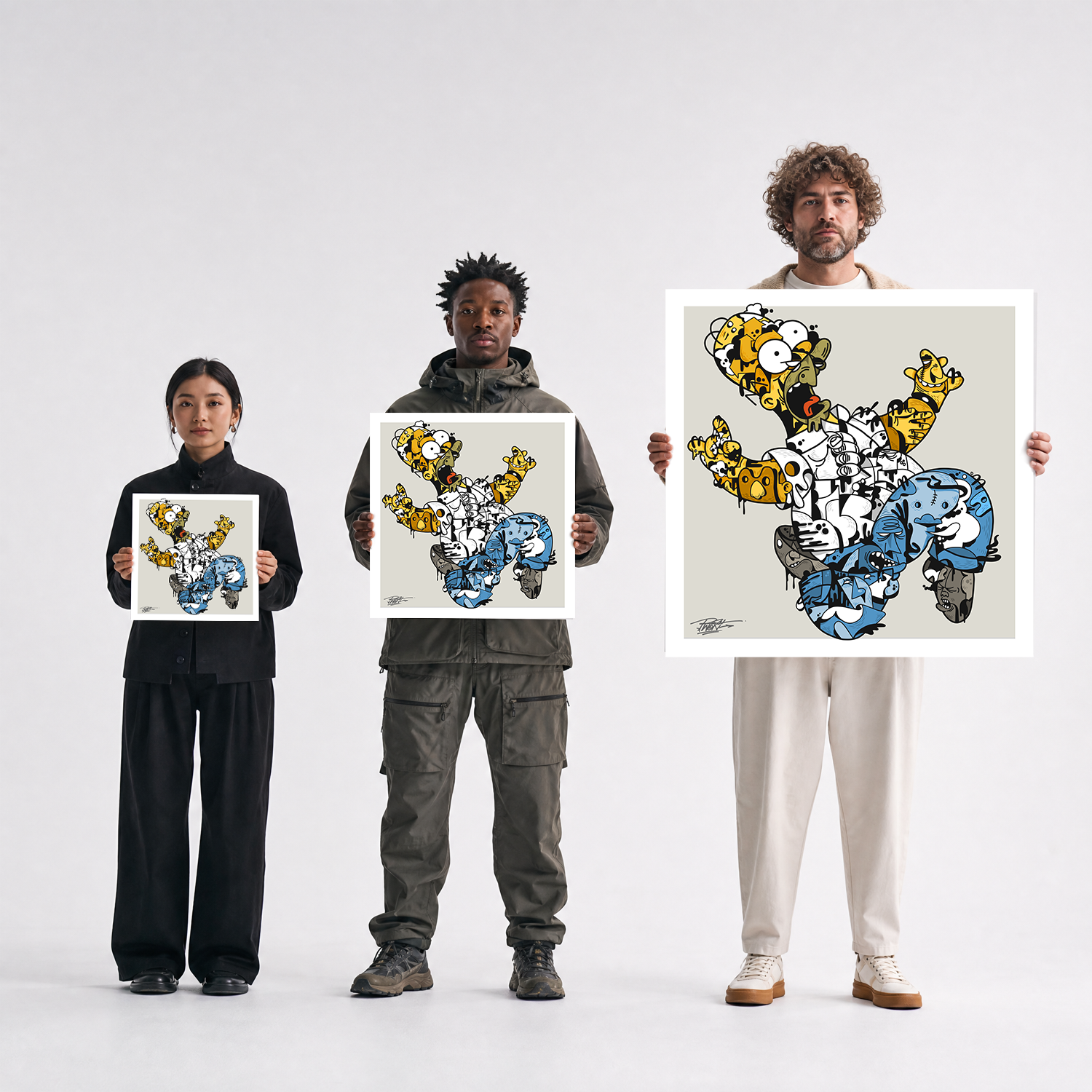 Scale comparison photo showing the 12x12, 20x20, and 40x40 print sizes of 'Homie' by Sunday Morning, held by three models for size reference.
