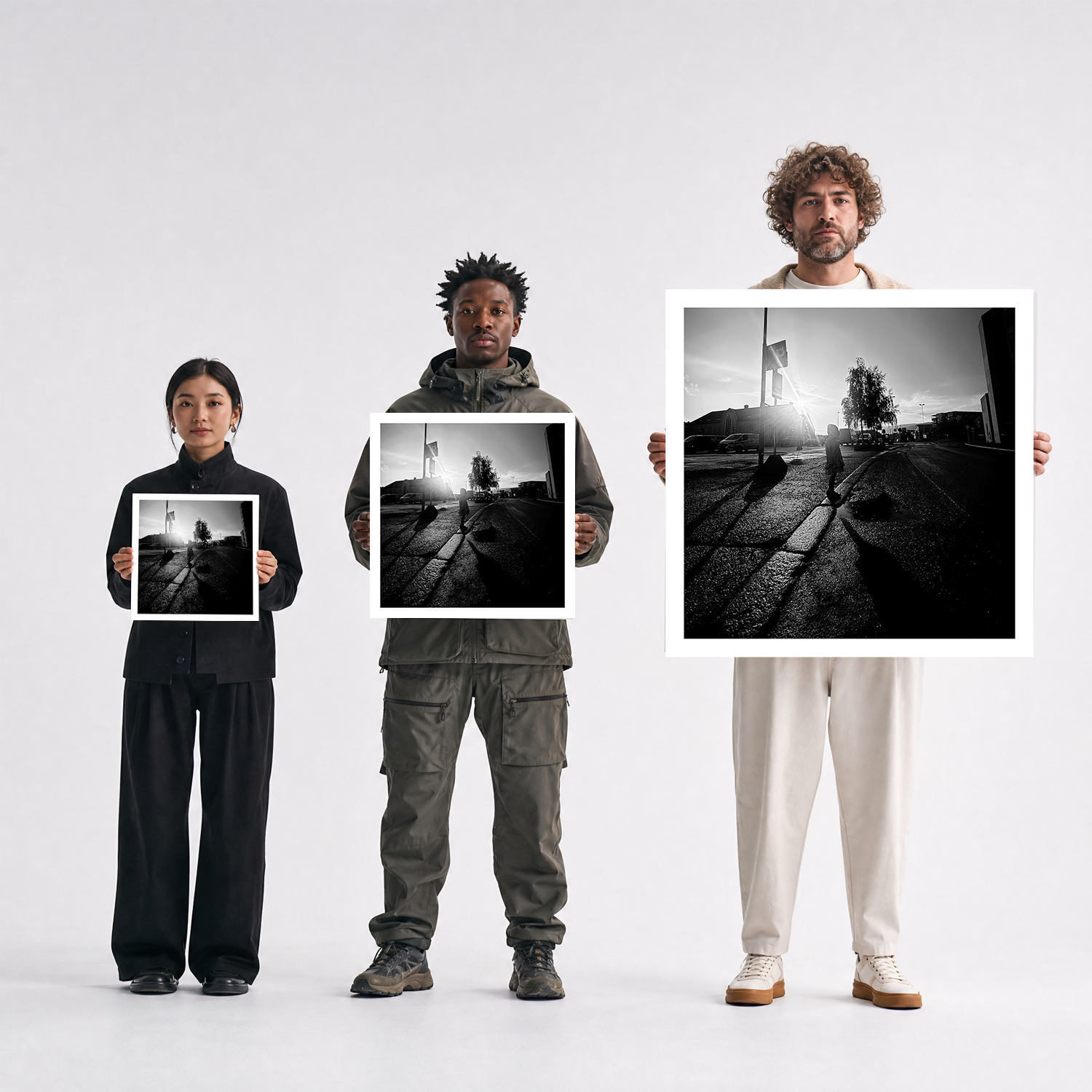 Scale comparison photo showing the 12x12, 20x20, and 40x40 print sizes of 'Hood' by Sunday Morning, held by three models for size reference.