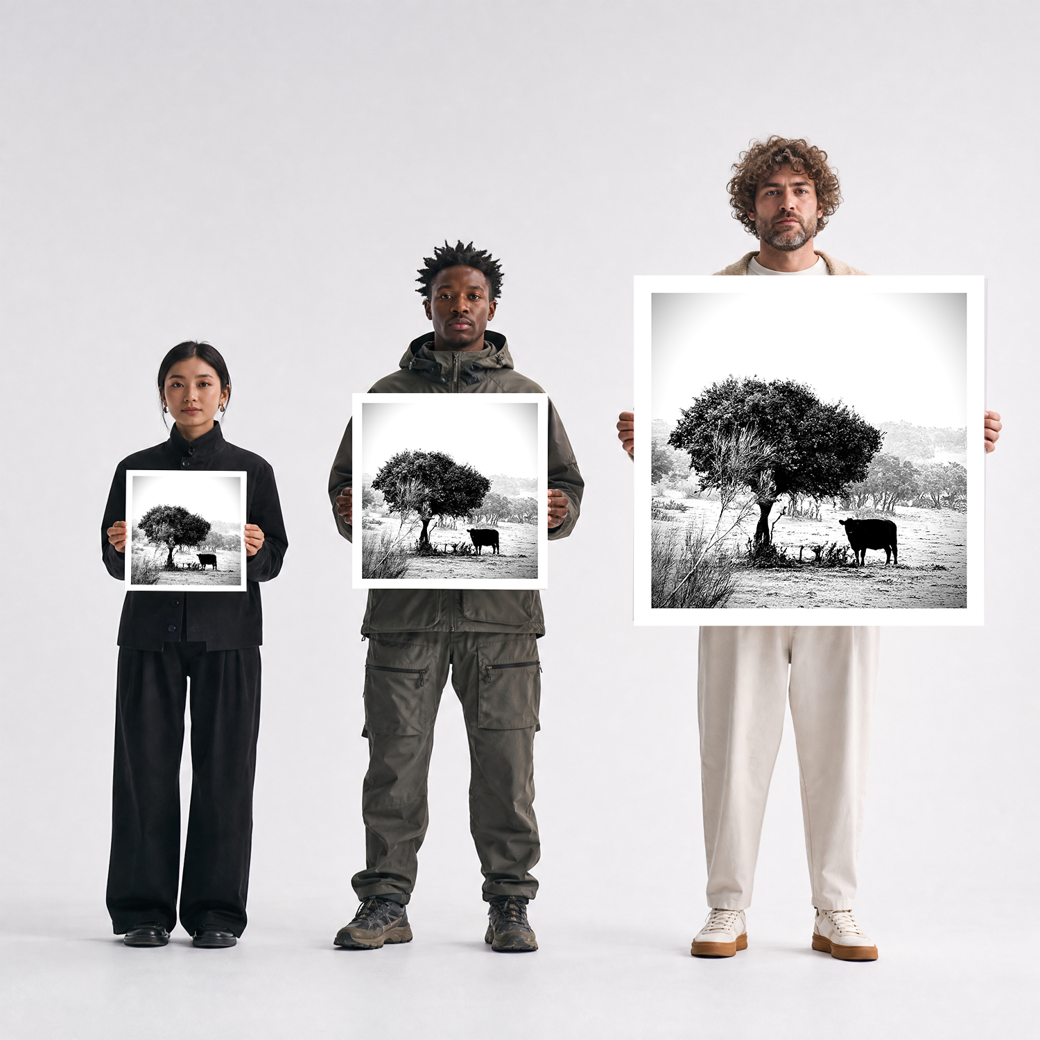 Scale comparison photo showing the 12x12, 20x20, and 40x40 print sizes of 'Iberic' by Sunday Morning, held by three models for size reference.