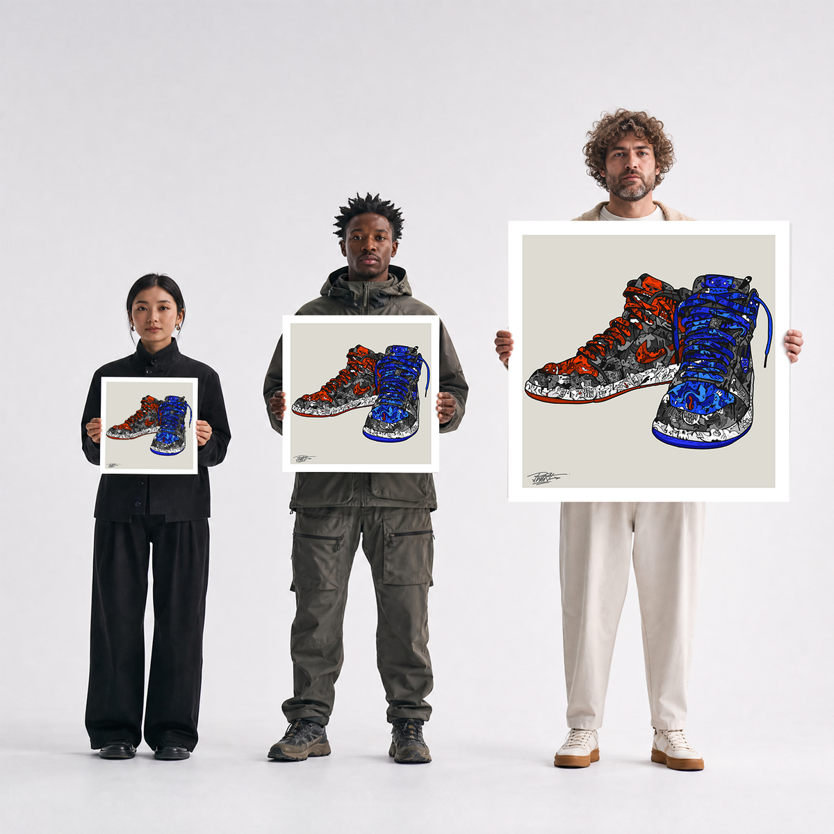 Scale comparison photo showing the 12x12, 20x20, and 40x40 print sizes of 'Icon' by Sunday Morning, held by three models for size reference.