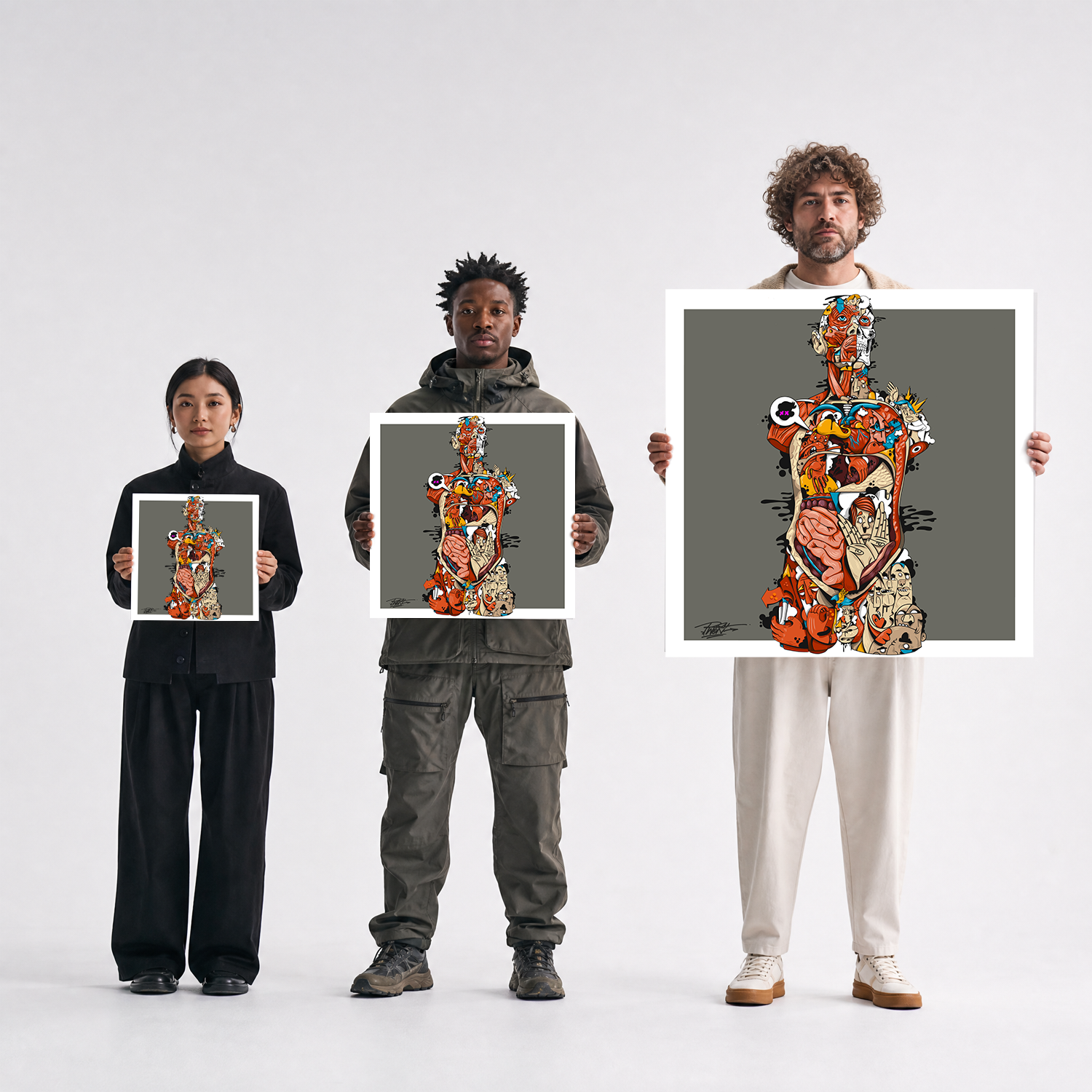 Scale comparison photo showing the 12x12, 20x20, and 40x40 print sizes of 'Inside Out' by Sunday Morning, held by three models for size reference.