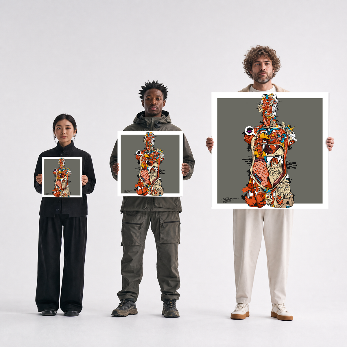 Scale comparison photo showing the 12x12, 20x20, and 40x40 print sizes of 'Inside Out' by Sunday Morning, held by three models for size reference.