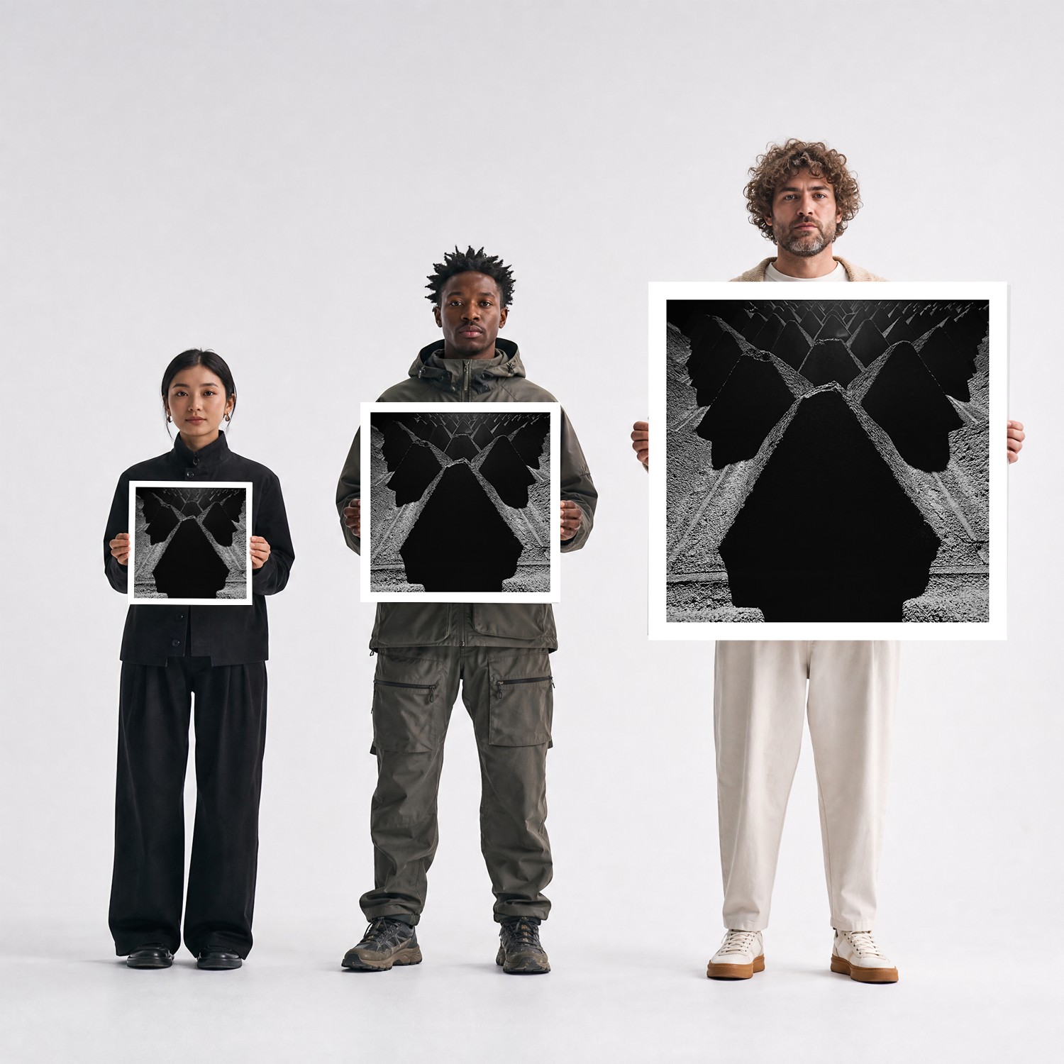 Scale comparison photo showing the 12x12, 20x20, and 40x40 print sizes of 'In Dark Trees' by Sunday Morning, held by three models for size reference.