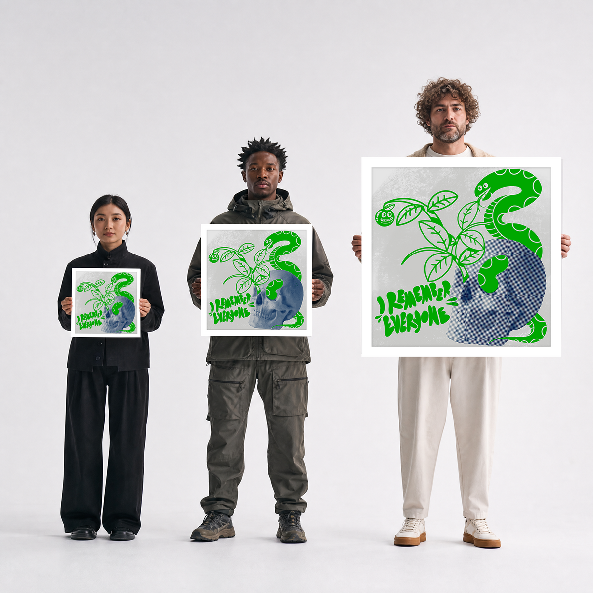 Scale comparison photo showing the 12x12, 20x20, and 40x40 print sizes of 'I Remember' by Sunday Morning, held by three models for size reference.