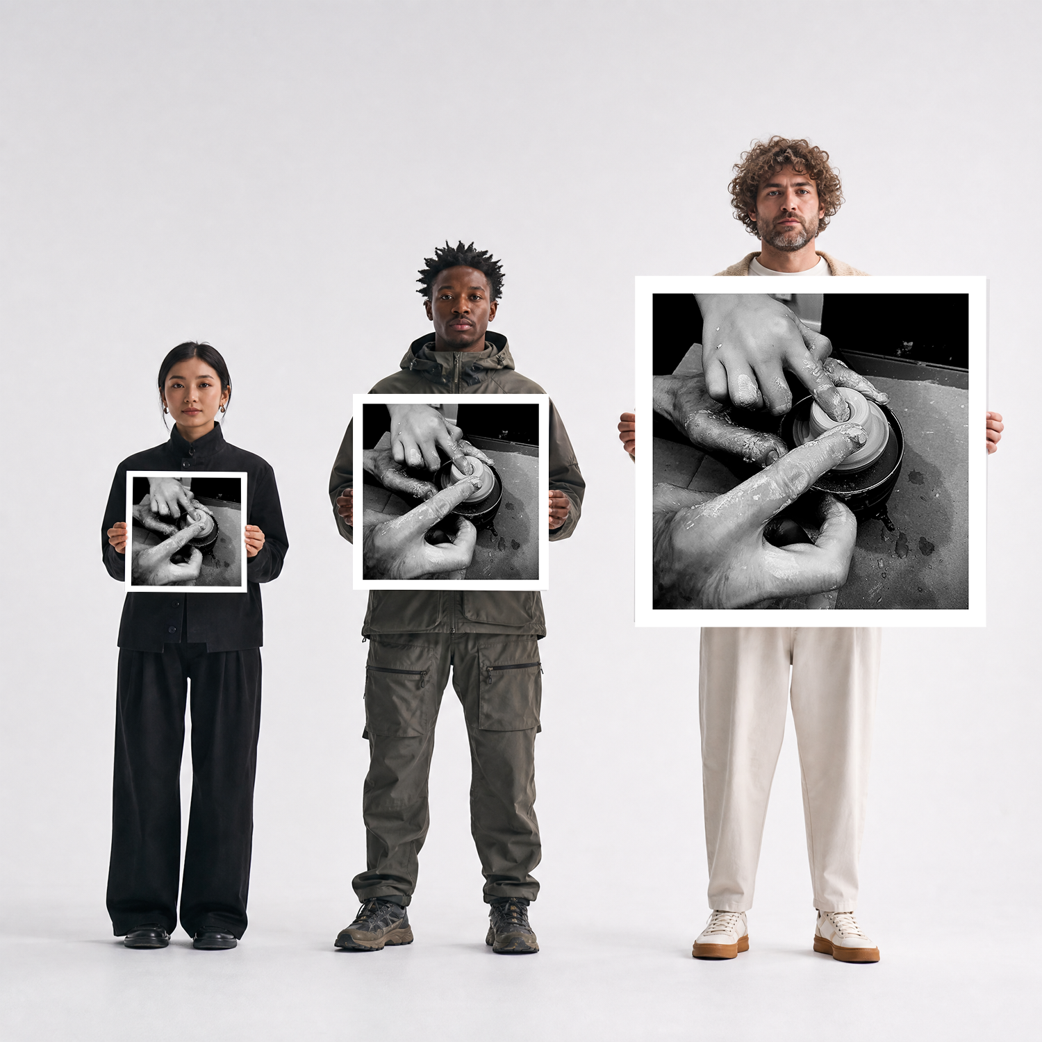 Scale comparison photo showing the 12x12, 20x20, and 40x40 print sizes of 'Jane' by Sunday Morning, held by three models for size reference.