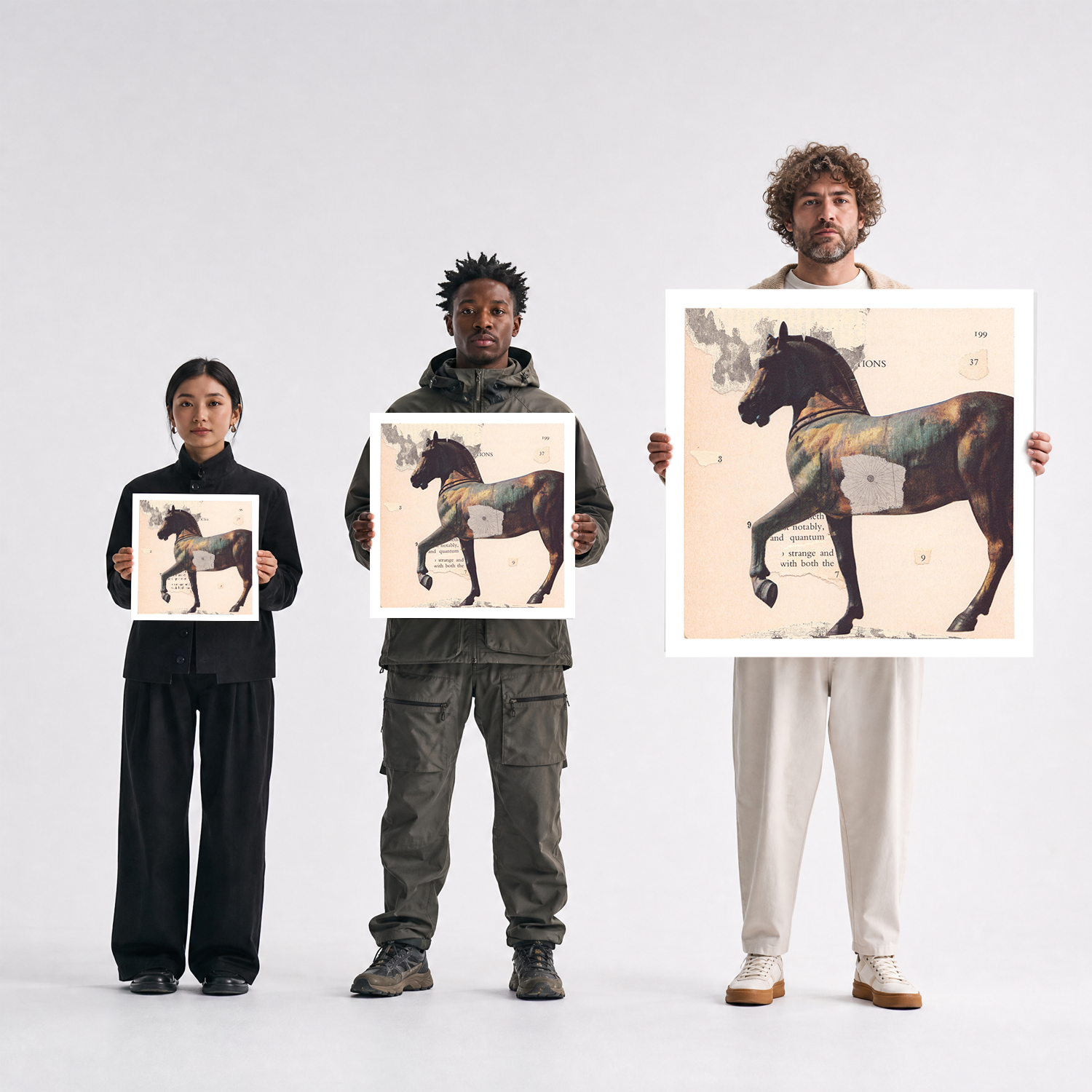 Scale comparison photo showing the 12x12, 20x20, and 40x40 print sizes of 'Jupiter In Pisces 2' by Sunday Morning, held by three models for size reference.
