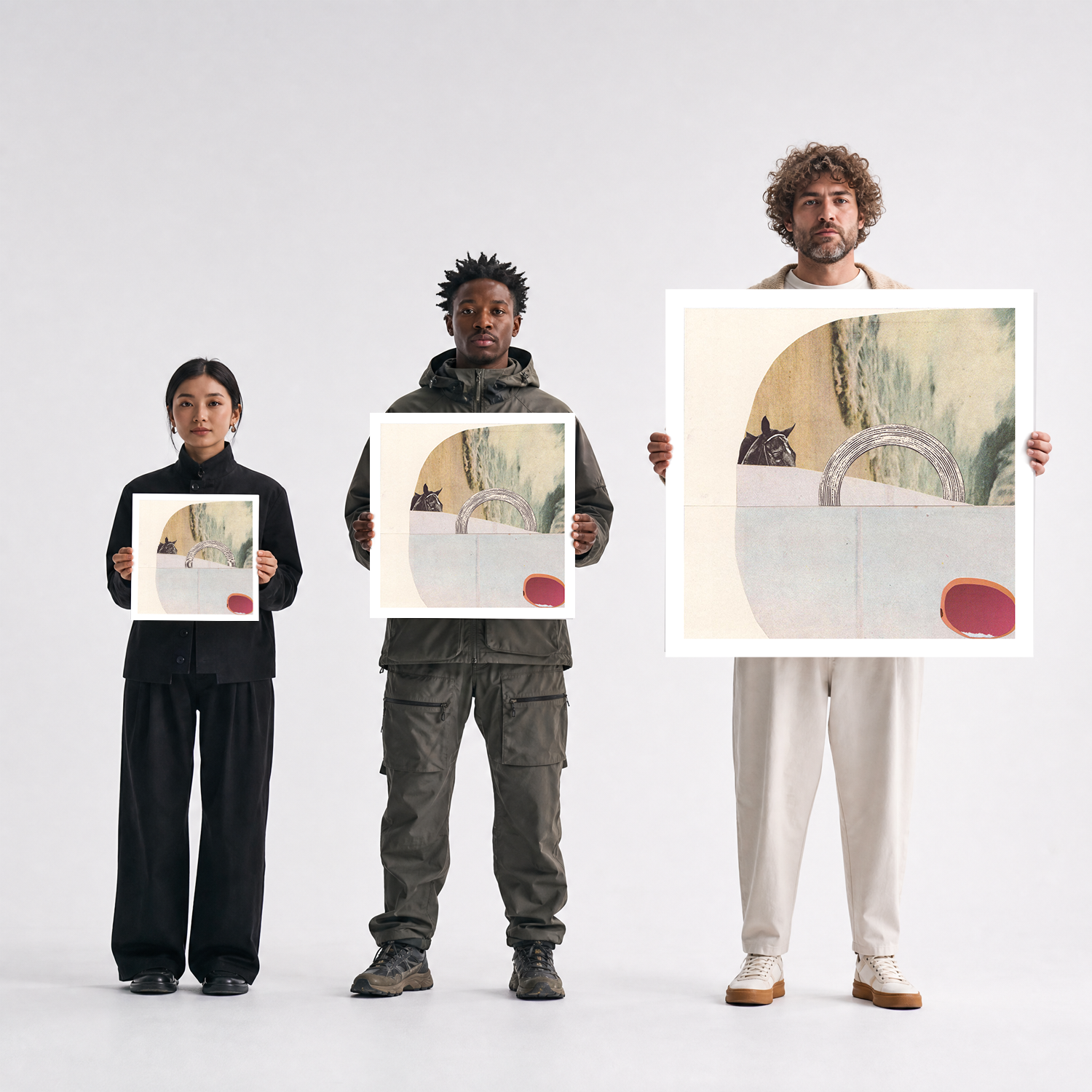 Scale comparison photo showing the 12x12, 20x20, and 40x40 print sizes of 'Jupiter In Pisces 1' by Sunday Morning, held by three models for size reference.