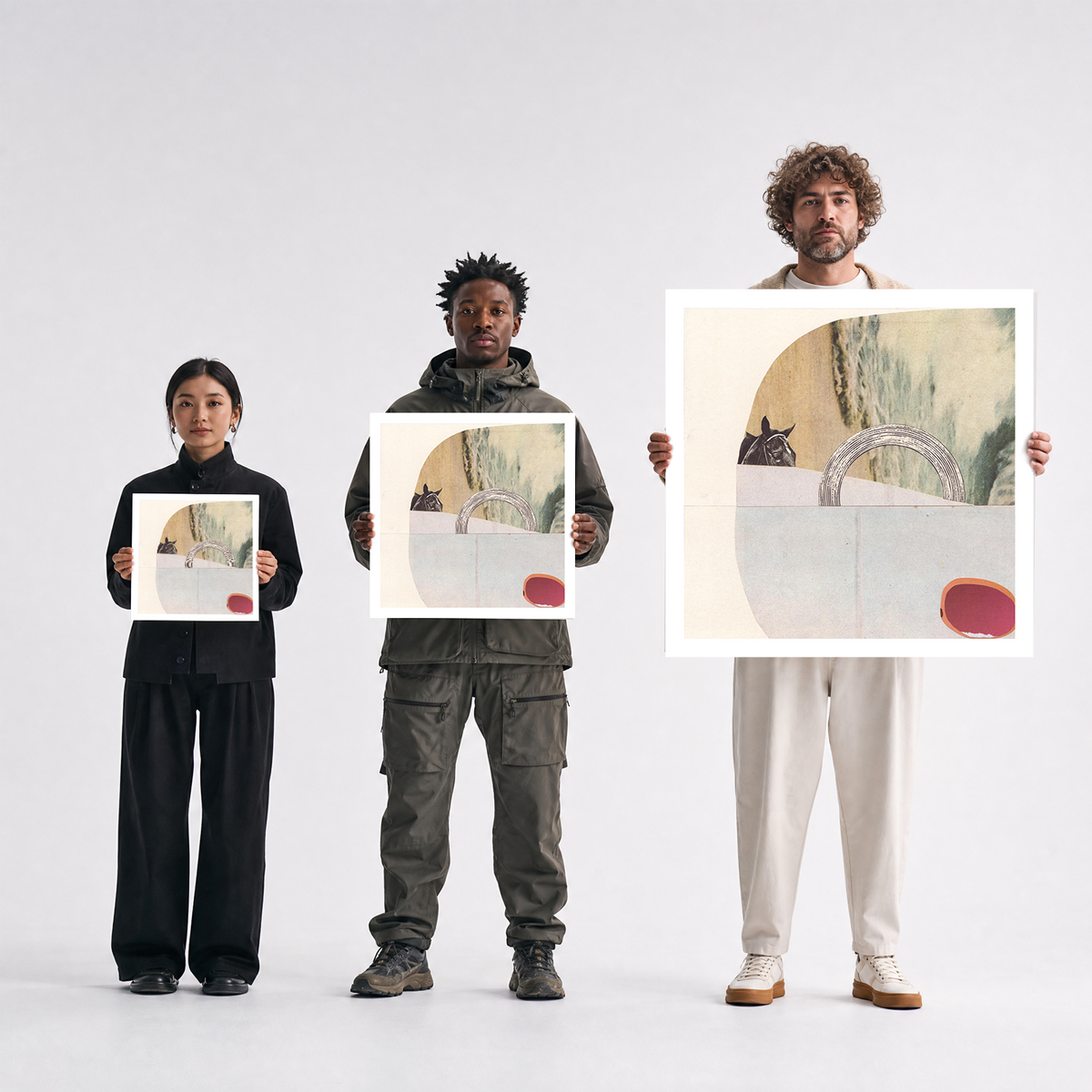 Scale comparison photo showing the 12x12, 20x20, and 40x40 print sizes of 'Jupiter In Pisces 1' by Sunday Morning, held by three models for size reference.