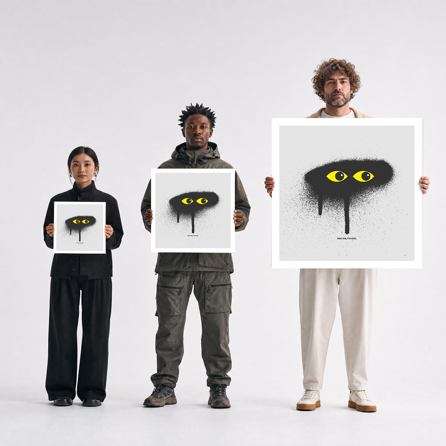 Scale comparison photo showing the 12x12, 20x20, and 40x40 print sizes of 'Kiss Me Im Sick' by Sunday Morning, held by three models for size reference.