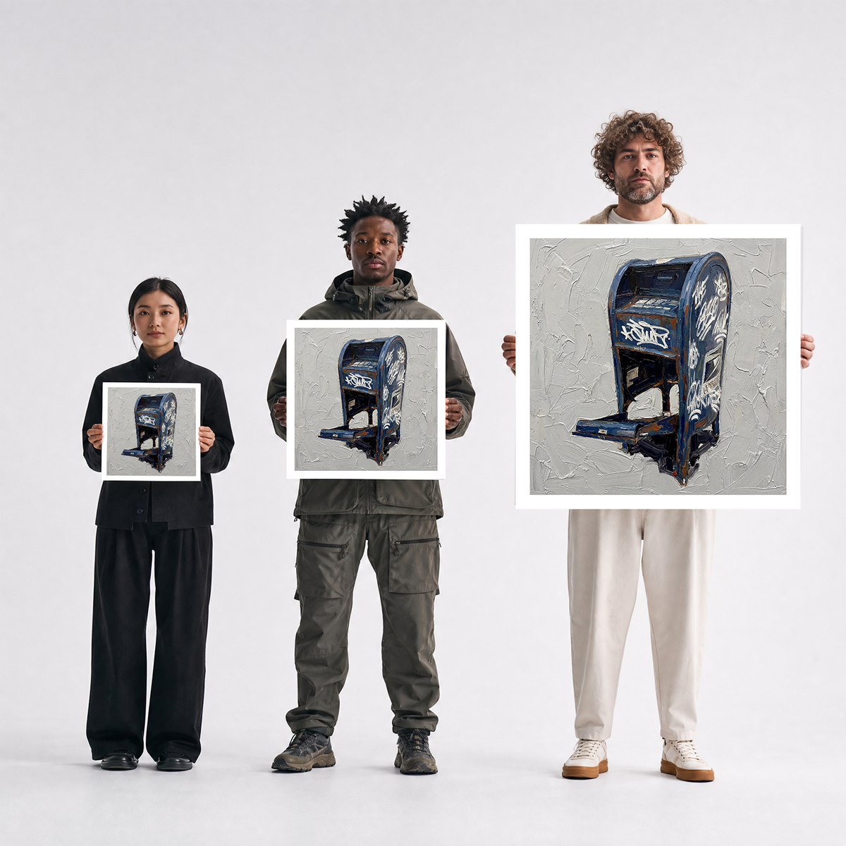Scale comparison photo showing the 12x12, 20x20, and 40x40 print sizes of 'Late Delivery' by Sunday Morning, held by three models for size reference.
