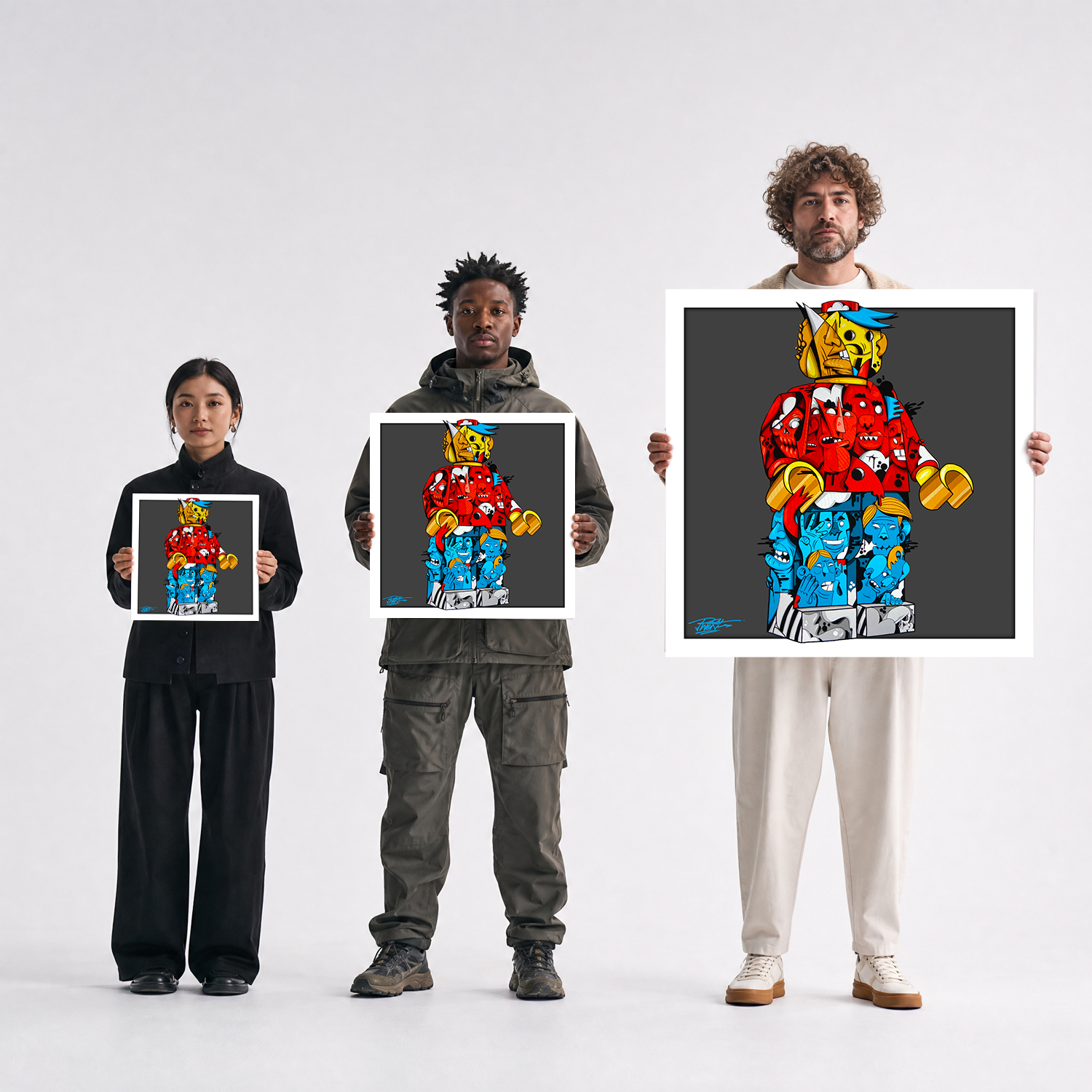Scale comparison photo showing the 12x12, 20x20, and 40x40 print sizes of 'Leggo' by Sunday Morning, held by three models for size reference.