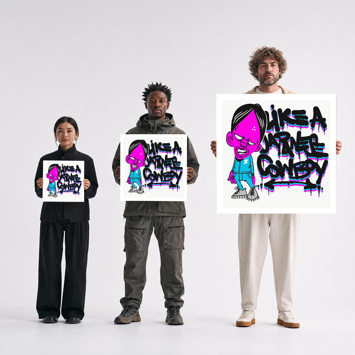 Scale comparison photo showing the 12x12, 20x20, and 40x40 print sizes of 'Like A Japanese Cowboy' by Sunday Morning, held by three models for size reference.