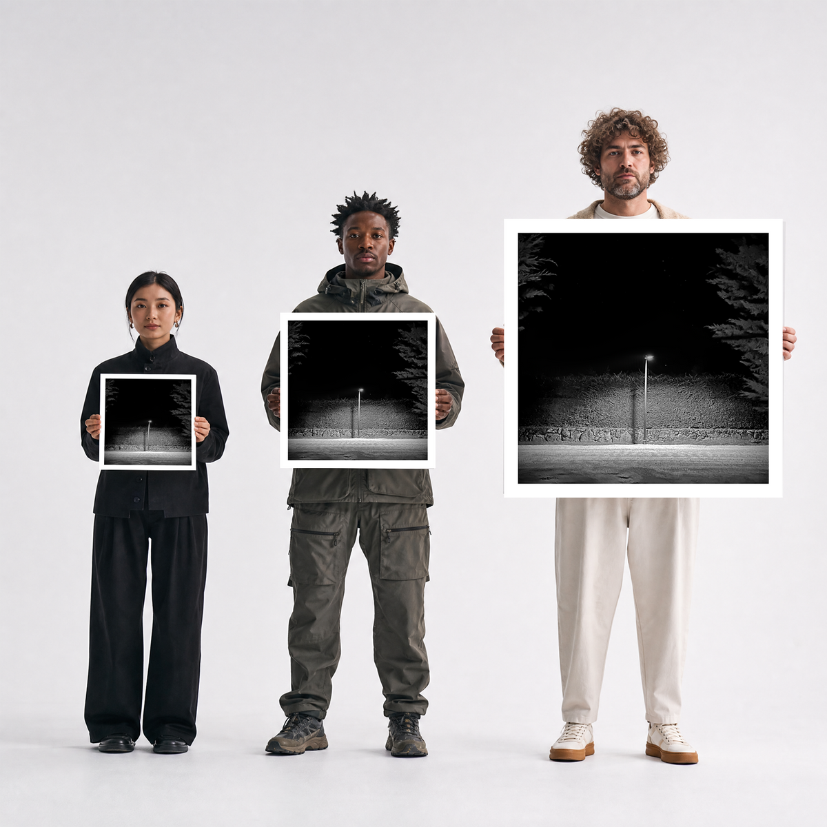 Scale comparison photo showing the 12x12, 20x20, and 40x40 print sizes of 'Lonely' by Sunday Morning, held by three models for size reference.
